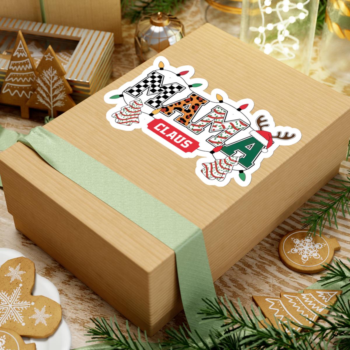a wooden box with christmas stickers on it, Varsity Mama Claus Sticker, mama claus christmas decal, Funny Design, Christmas Joke, Mummy, Mother Gift Wife, Momlife Mom Life