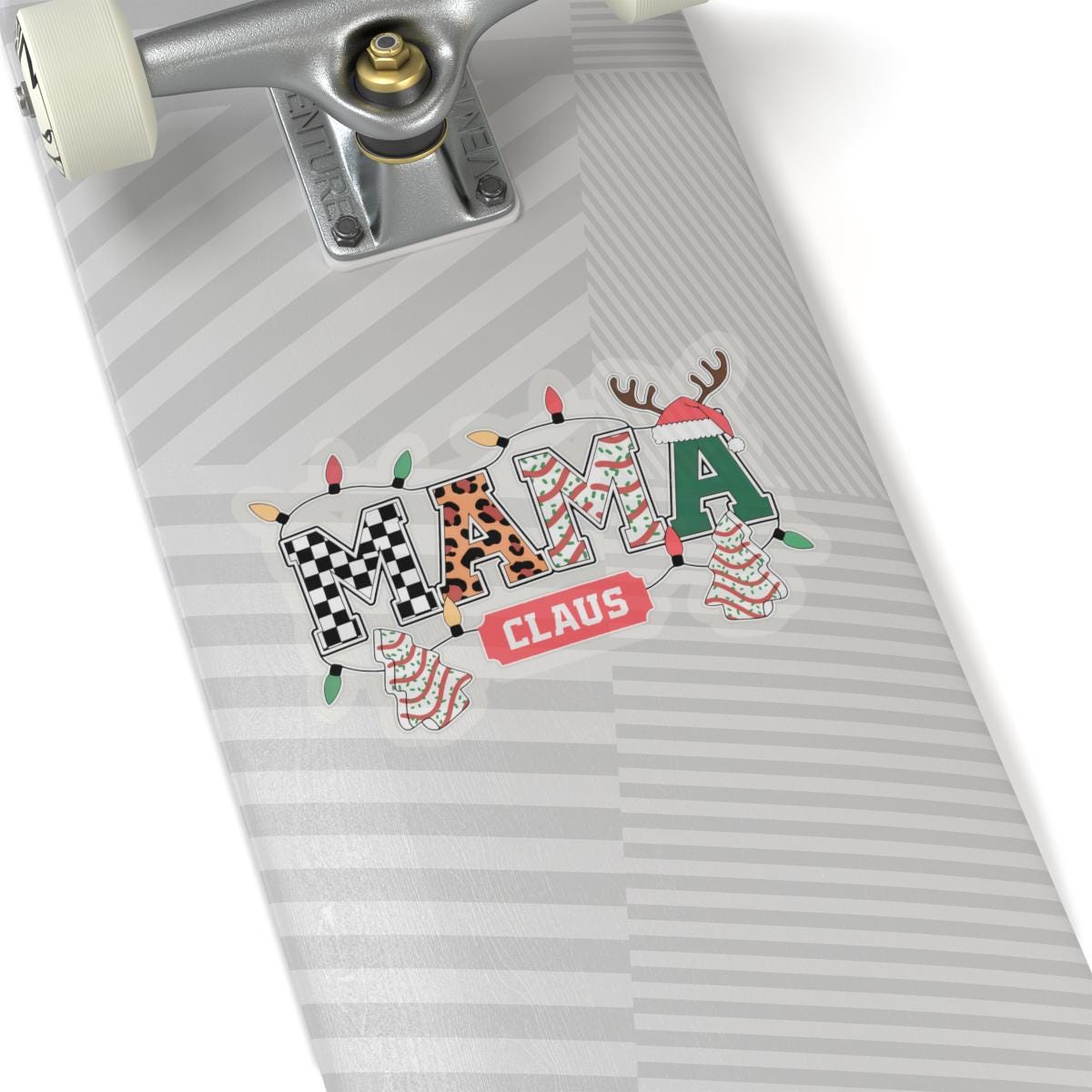 a close up of a skateboard with stickers on it, Varsity Mama Claus Sticker, mama claus christmas decal, Funny Design, Christmas Joke, Mummy, Mother Gift Wife, Momlife Mom Life