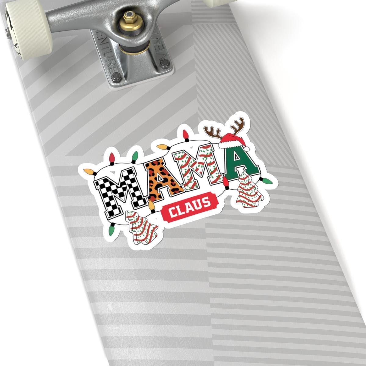 a close up of a skateboard with stickers on it, Varsity Mama Claus Sticker, mama claus christmas decal, Funny Design, Christmas Joke, Mummy, Mother Gift Wife, Momlife Mom Life