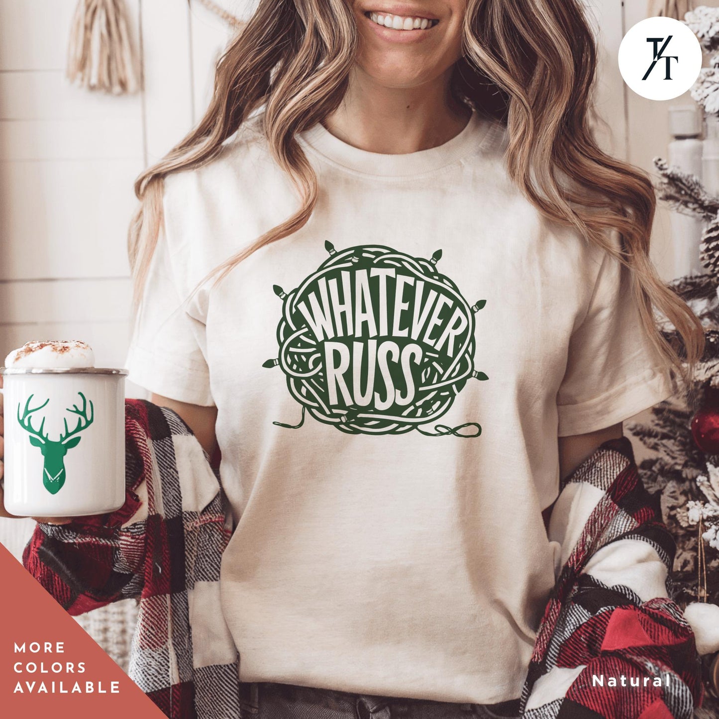 a woman wearing a white t - shirt with the words whatever russ printed on it, Retro 90s National Lampoons Christmas Vacation Shirt, tangled christmas lights whatever russ Christmas Vacation Shirt, Chevy Chase quote tee