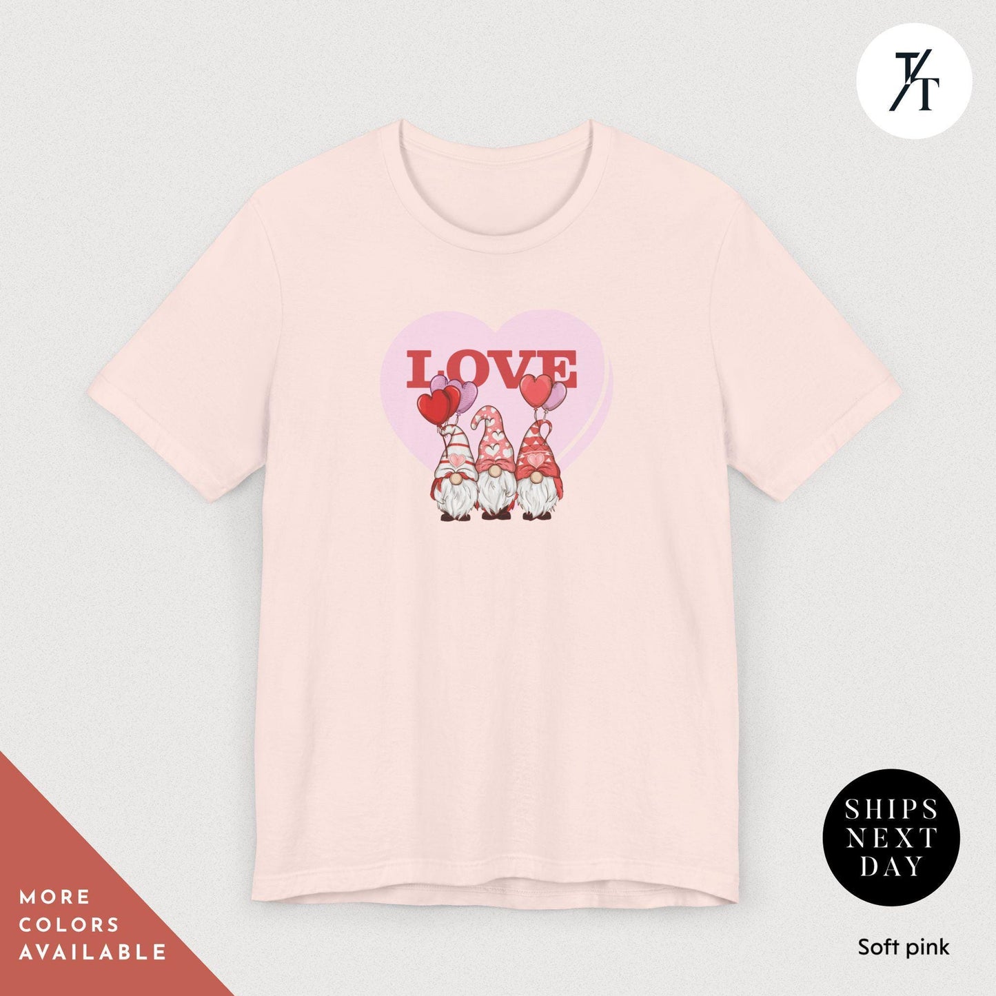 a pink shirt with a heart and gnomes on it, Gnome Love Shirt Valentines Day Shirt, Valentines Day Gift, Gnome Valentine Tee, Gift For Her, Valentine Tee, Cute Love Heart Gnomes Shirts