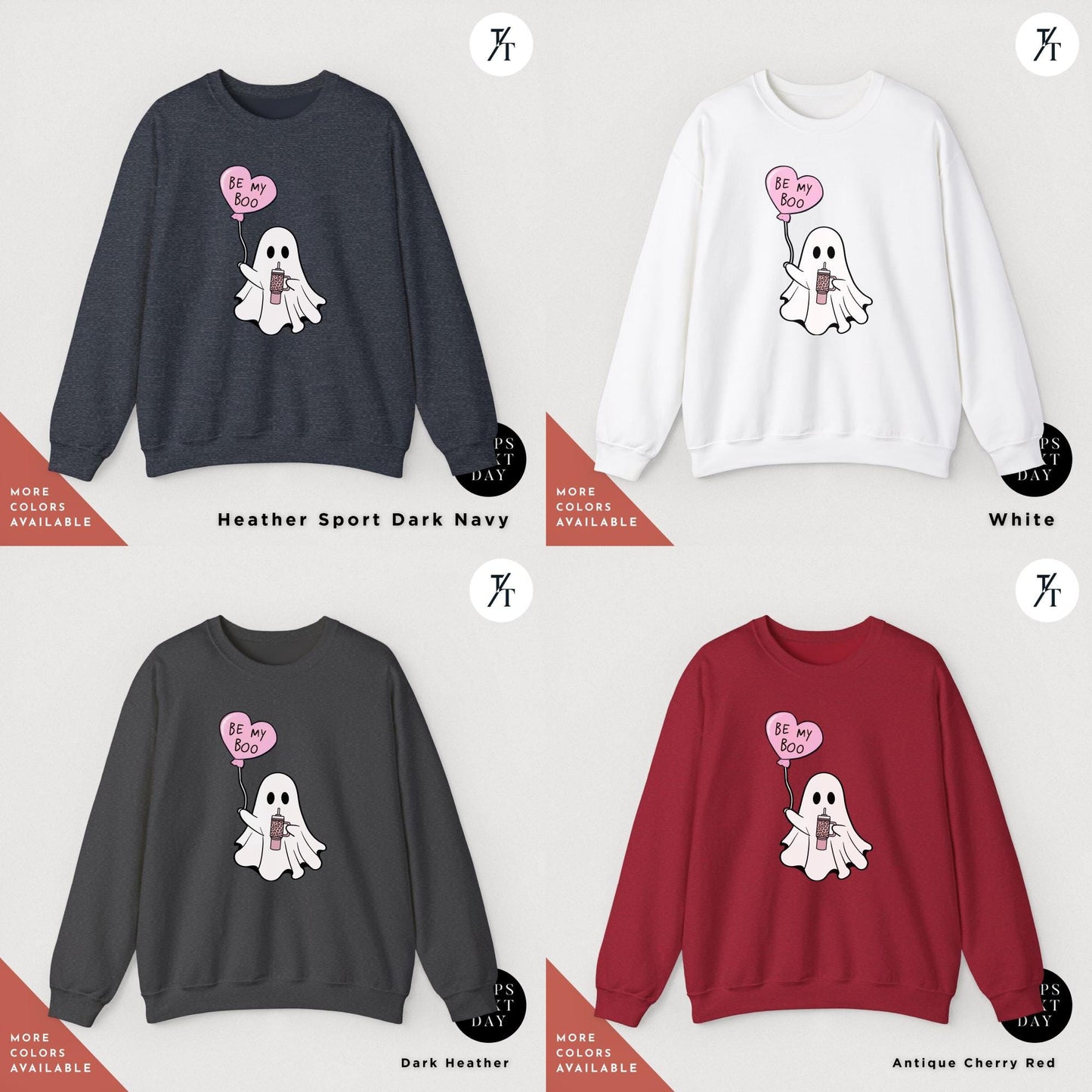 a grid of 4 sweatshirts of various colors with featuring a ghost holding a heart balloon, Be My Boo Sweatshirt, ghost sweater, valentines day hoodie, Valentine Sweatshirt, Heart Sweatshirts, Ghost Sweater, Be Mine Sweatshirts Xoxo