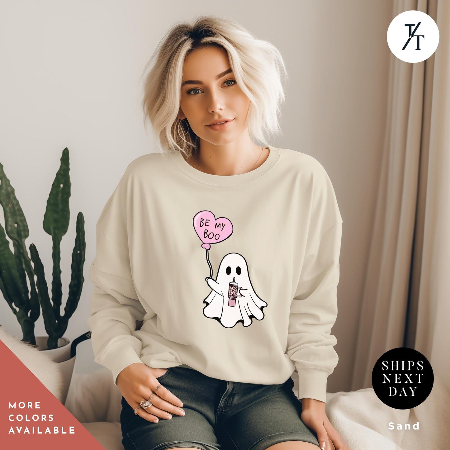a woman wearing a sand sweatshirt with a ghost holding a heart balloon, Be My Boo Sweatshirt, ghost sweater, valentines day hoodie, Valentine Sweatshirt, Heart Sweatshirts, Ghost Sweater, Be Mine Sweatshirts Xoxo