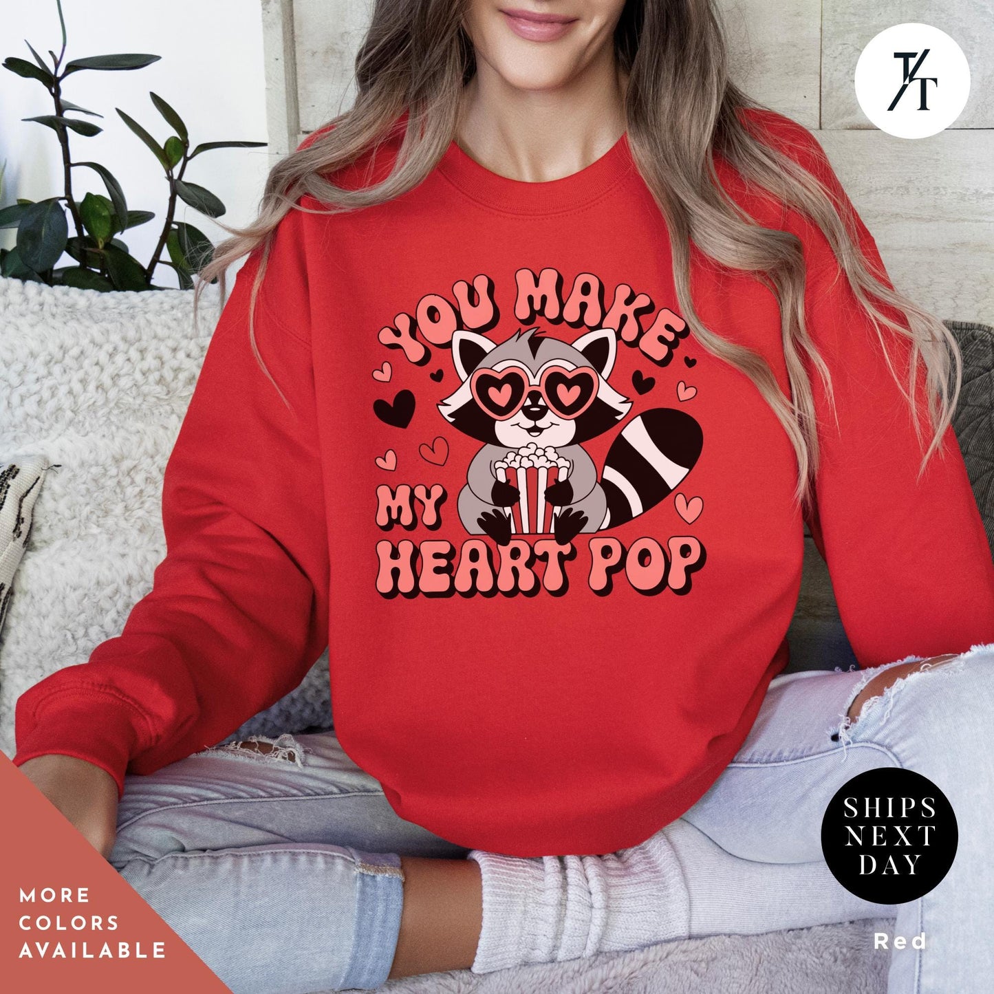 a woman wearing a valentine's day sweater with a skeleton on it, You make my heart pop sweatshirt raccoon Valentines Day Gift For Her, feral girl valentine's Valentine Sweatshirt, Funny Popcorn Lover Gift