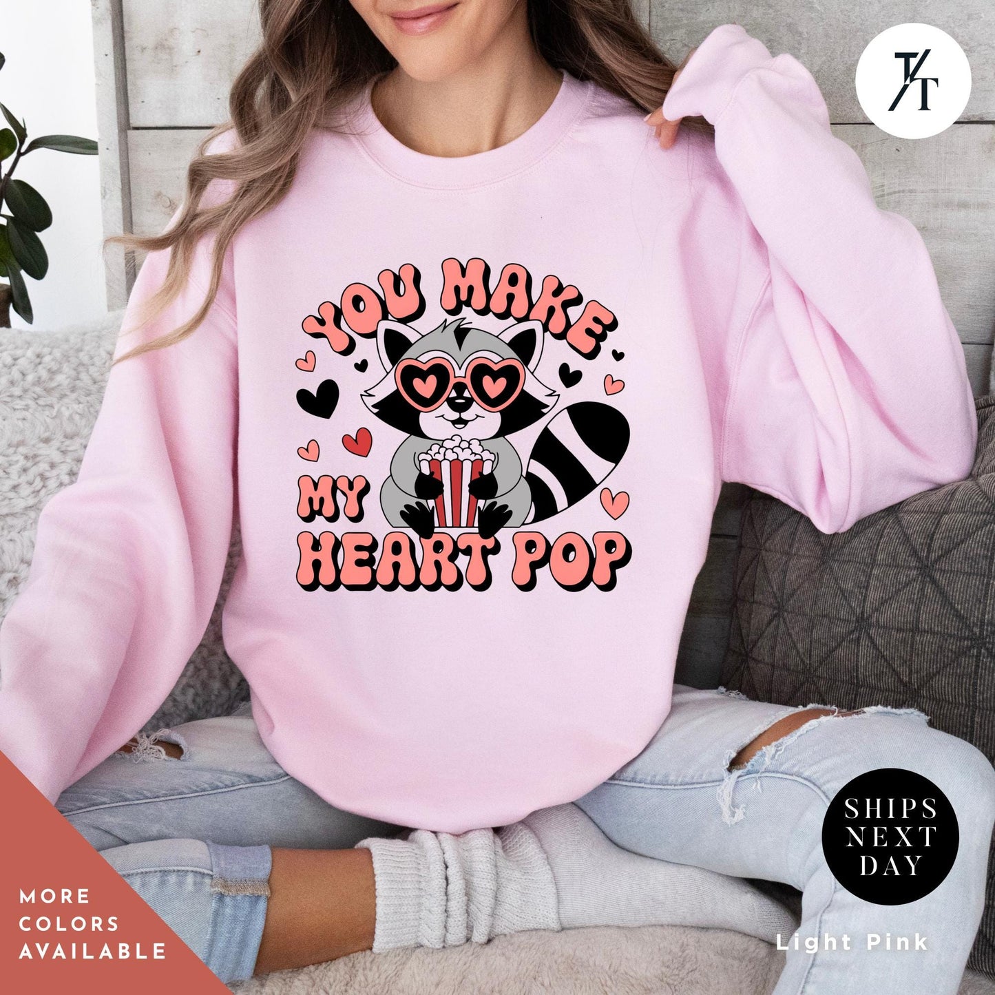 a woman wearing a valentine's day sweater with a skeleton on it, You make my heart pop sweatshirt raccoon Valentines Day Gift For Her, feral girl valentine's Valentine Sweatshirt, Funny Popcorn Lover Gift