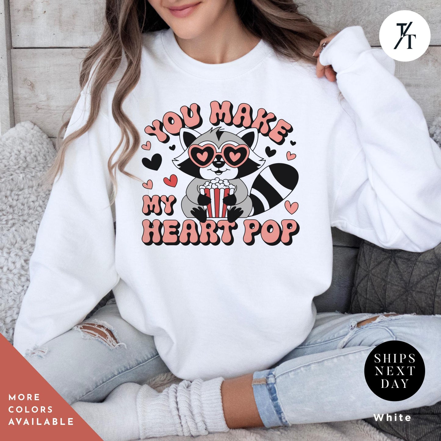a woman wearing a valentine's day sweater with a skeleton on it, You make my heart pop sweatshirt raccoon Valentines Day Gift For Her, feral girl valentine's Valentine Sweatshirt, Funny Popcorn Lover Gift