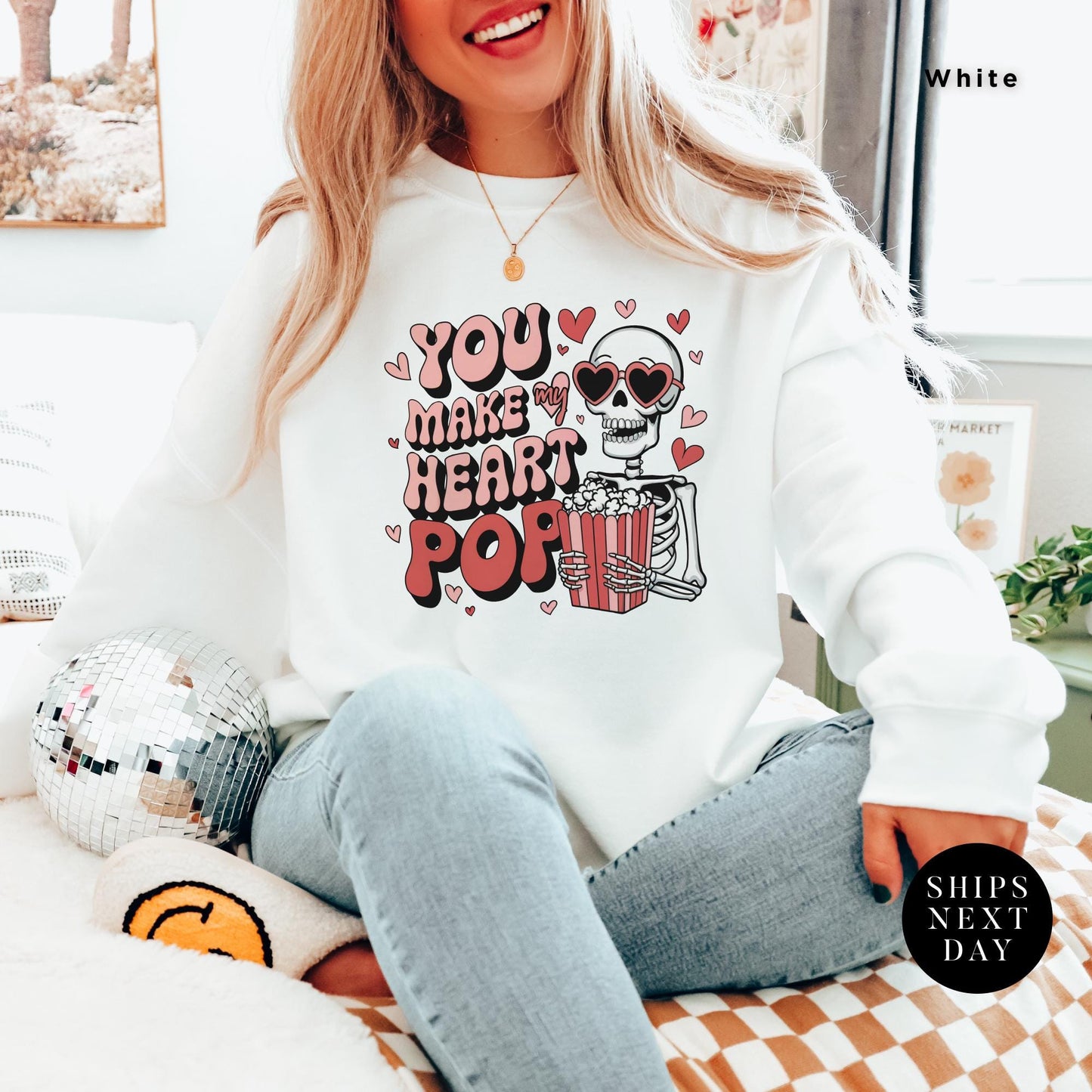 You make my heart pop skeleton Valentines Day Sweatshirt Gift For Her, Funny Popcorn Lover Gift Pop Heart Sweatshirts