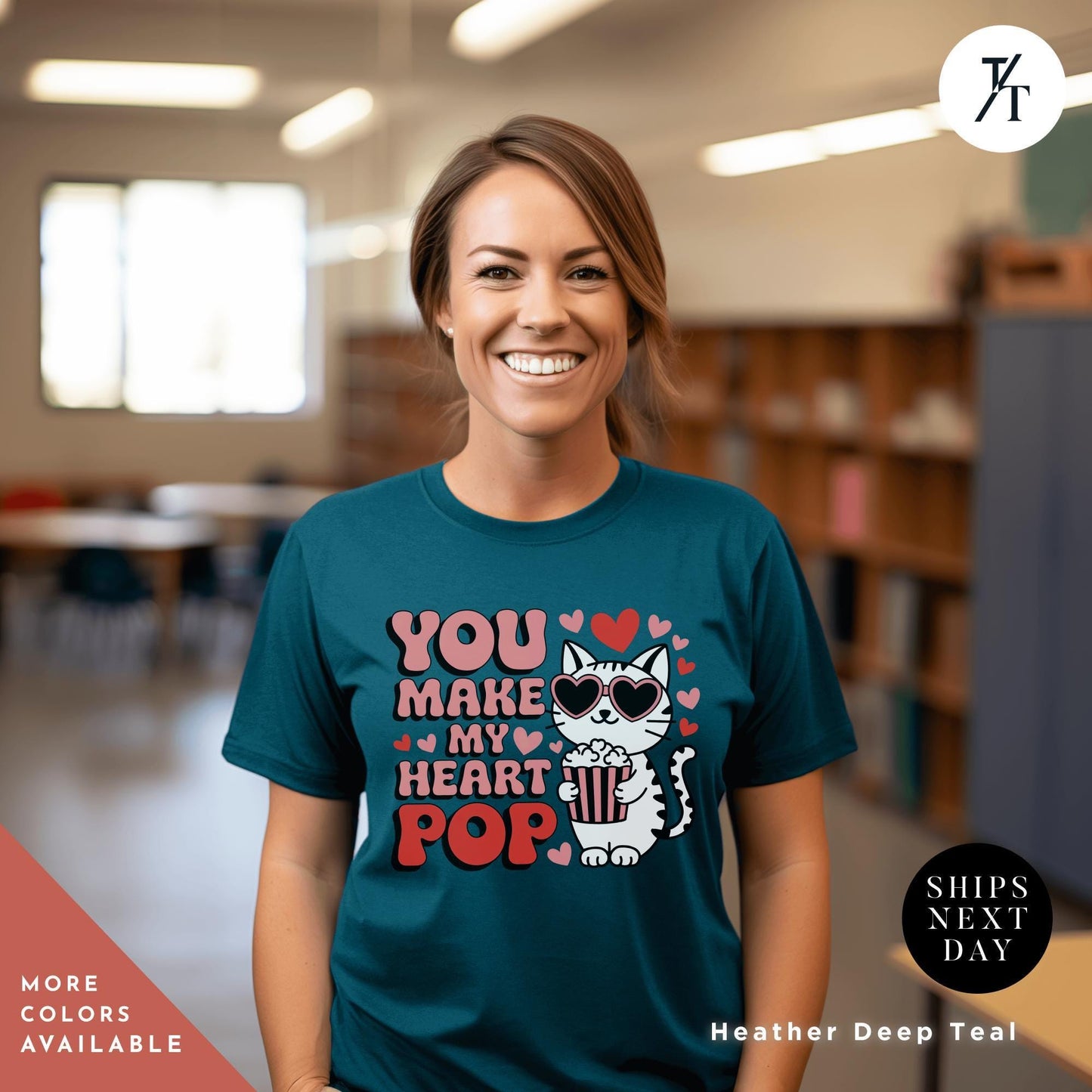 a woman wearing a t - shirt that says you make my heart pop, You Make My Heart Pop Shirt, Valentine Cat Shirt, Retro Valentines Day Shirts, Funny Valentine Tee, Cute Popcorn Valentines Gift for Her