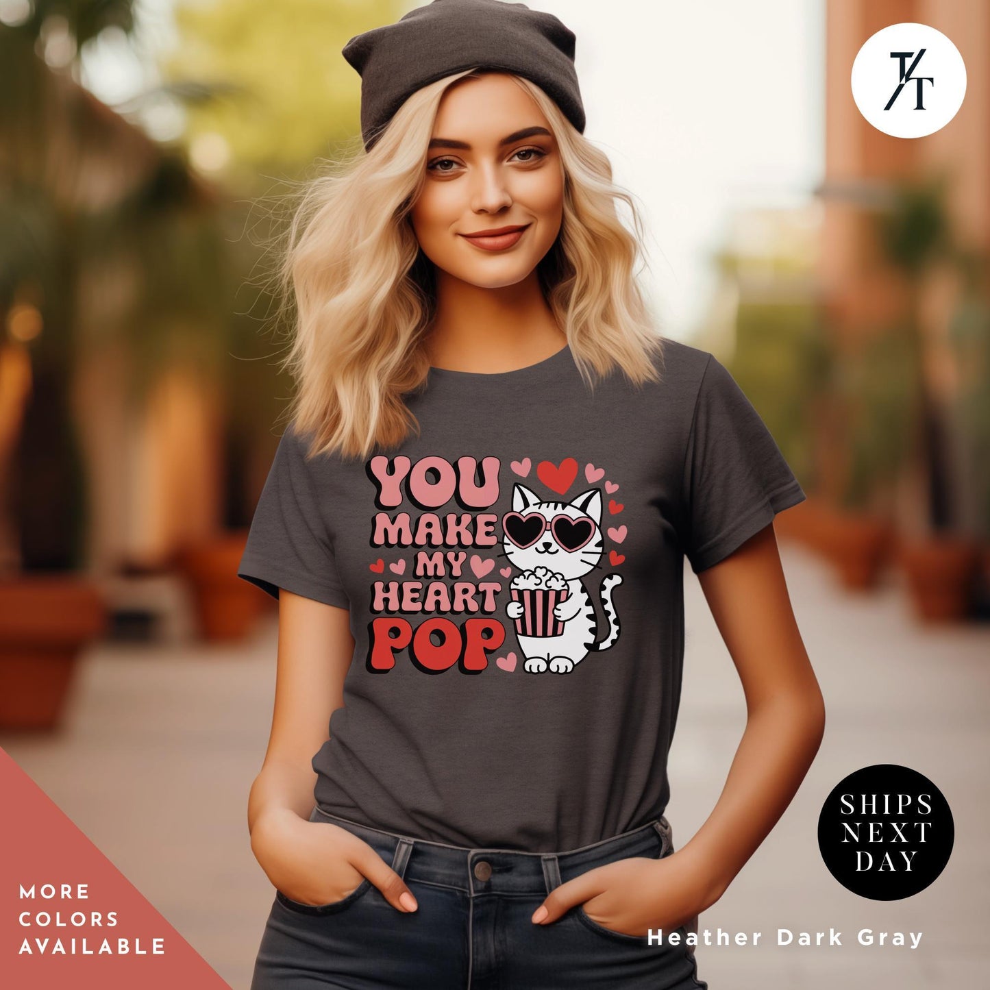 a woman wearing a t - shirt that says you make my heart pop, You Make My Heart Pop Shirt, Valentine Cat Shirt, Retro Valentines Day Shirts, Funny Valentine Tee, Cute Popcorn Valentines Gift for Her