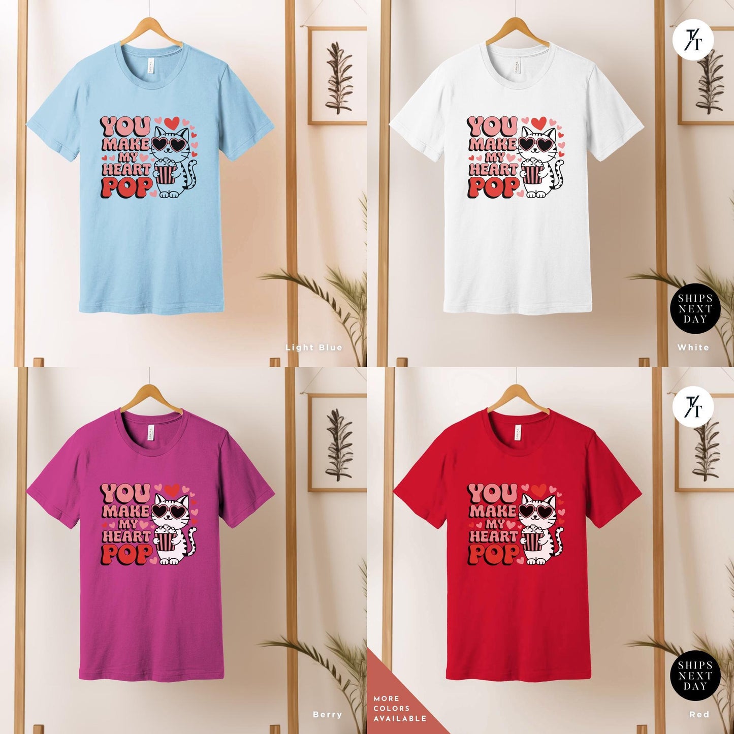 a group of t - shirts hanging on a wall, You Make My Heart Pop Shirt, Valentine Cat Shirt, Retro Valentines Day Shirts, Funny Valentine Tee, Cute Popcorn Valentines Gift for Her