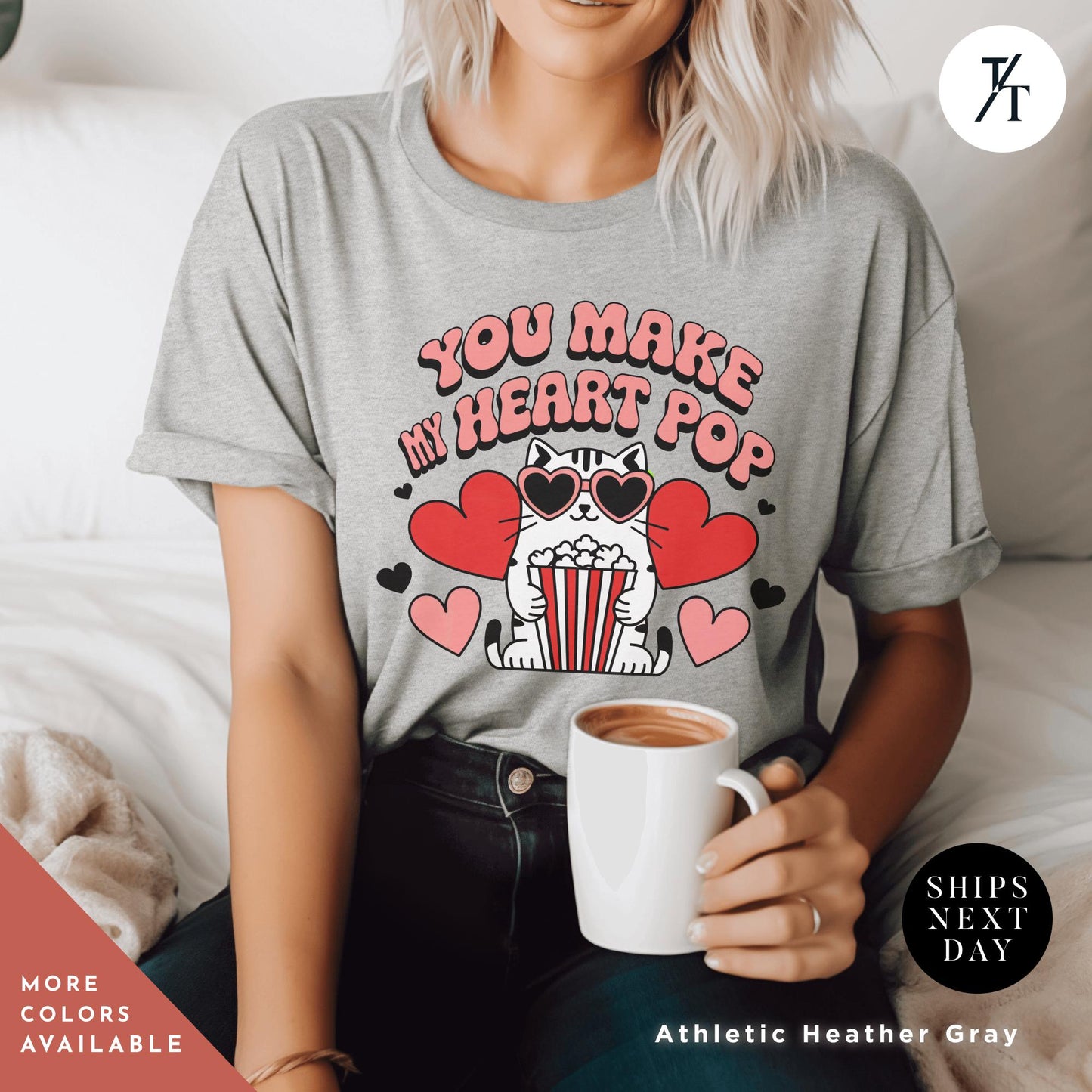 a woman wearing a t - shirt with the words You Make My Heart Pop Shirt, Valentine Cat Shirt, Retro Valentines Day Shirts, Funny Valentine Tee, Cute Popcorn Valentines Gift for Her