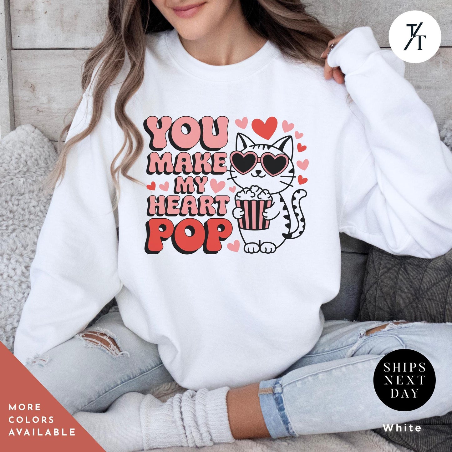 a woman wearing a sweatshirt that says you make my heart pop Cat Sweatshirt, Funny Valentine Cat Hoodie, Retro Valentines Day Sweatshirt, Cute Gift for Cat Lovers sweater