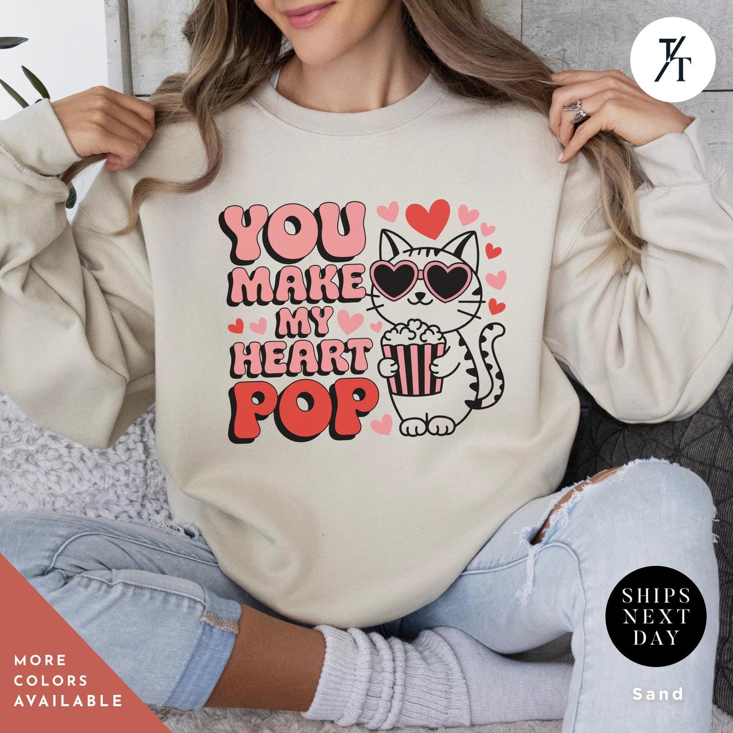 a woman wearing a sweatshirt that says you make my heart pop Cat Sweatshirt, Funny Valentine Cat Hoodie, Retro Valentines Day Sweatshirt, Cute Gift for Cat Lovers sweater