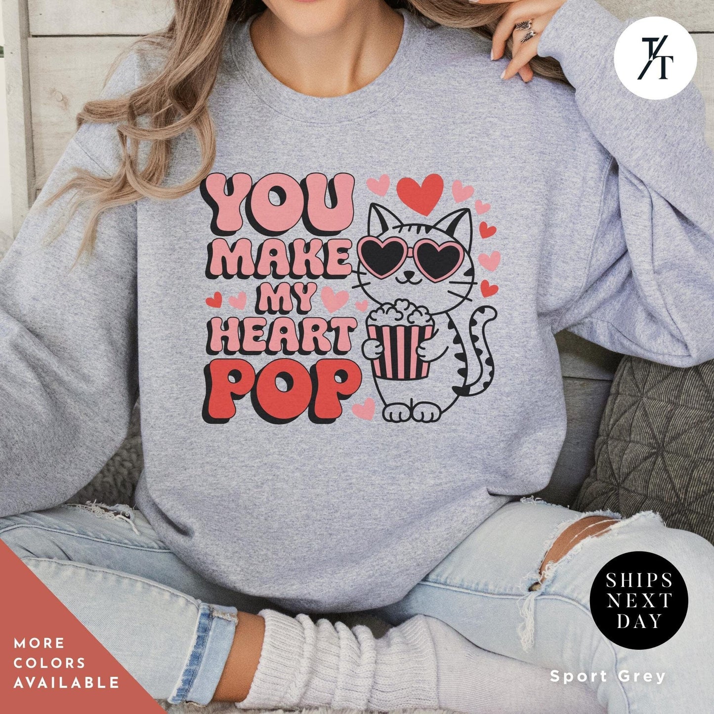 a woman wearing a sweatshirt that says you make my heart pop Cat Sweatshirt, Funny Valentine Cat Hoodie, Retro Valentines Day Sweatshirt, Cute Gift for Cat Lovers sweater