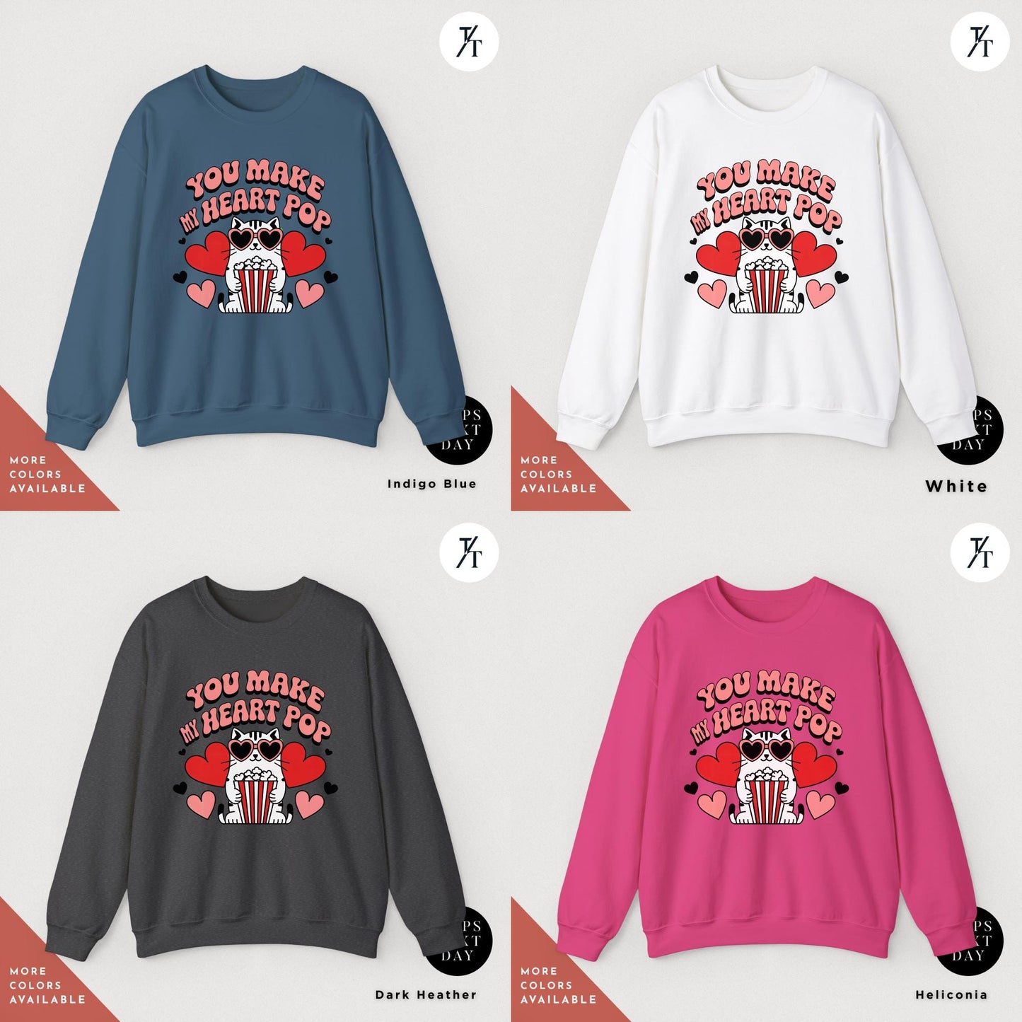 4 sweatshirts of various colors that say you make my heart pop Cat Sweatshirt, Funny Valentine Cat Hoodie, Retro Valentines Day Sweatshirt, Cute Gift for Cat Lovers sweater
