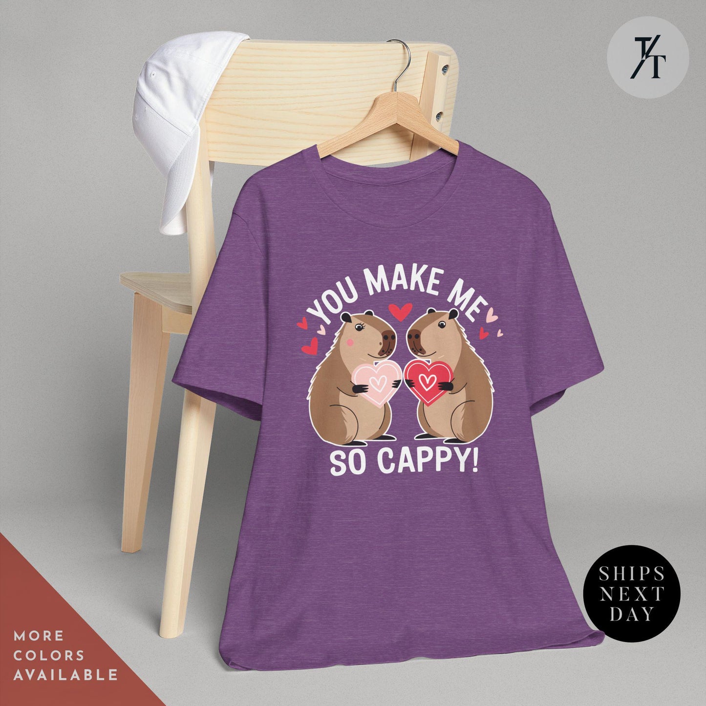a purple shirt with a couple of capybaras kissing each other with the words you make me so cappy, Capybara Valentines Shirt, Gift For Her, Capybara Lover Gift, Funny Capybaras Shirt, Valentines Day Gifts, Animal Lover Gifts, Capybaras tee