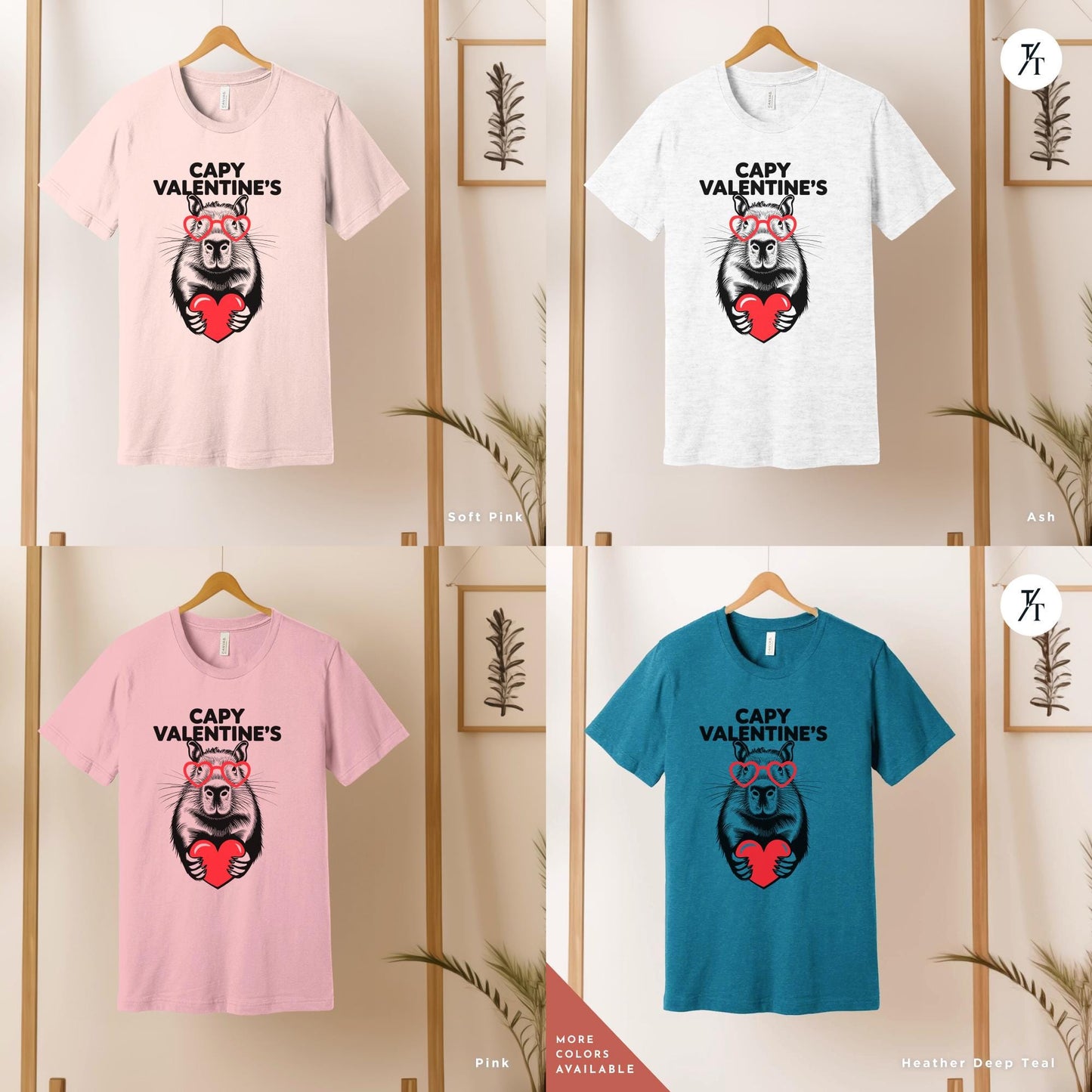 a grid of 4 shirts showing a design with an image of a capybara holding a heart that says Capy Valentines, Capybara Valentines Shirt, Gift For Her, Capybara Lover Gift, Funny Capybaras Shirt, Valentines Day Gifts, Animal Lover Gifts, Capybaras tee