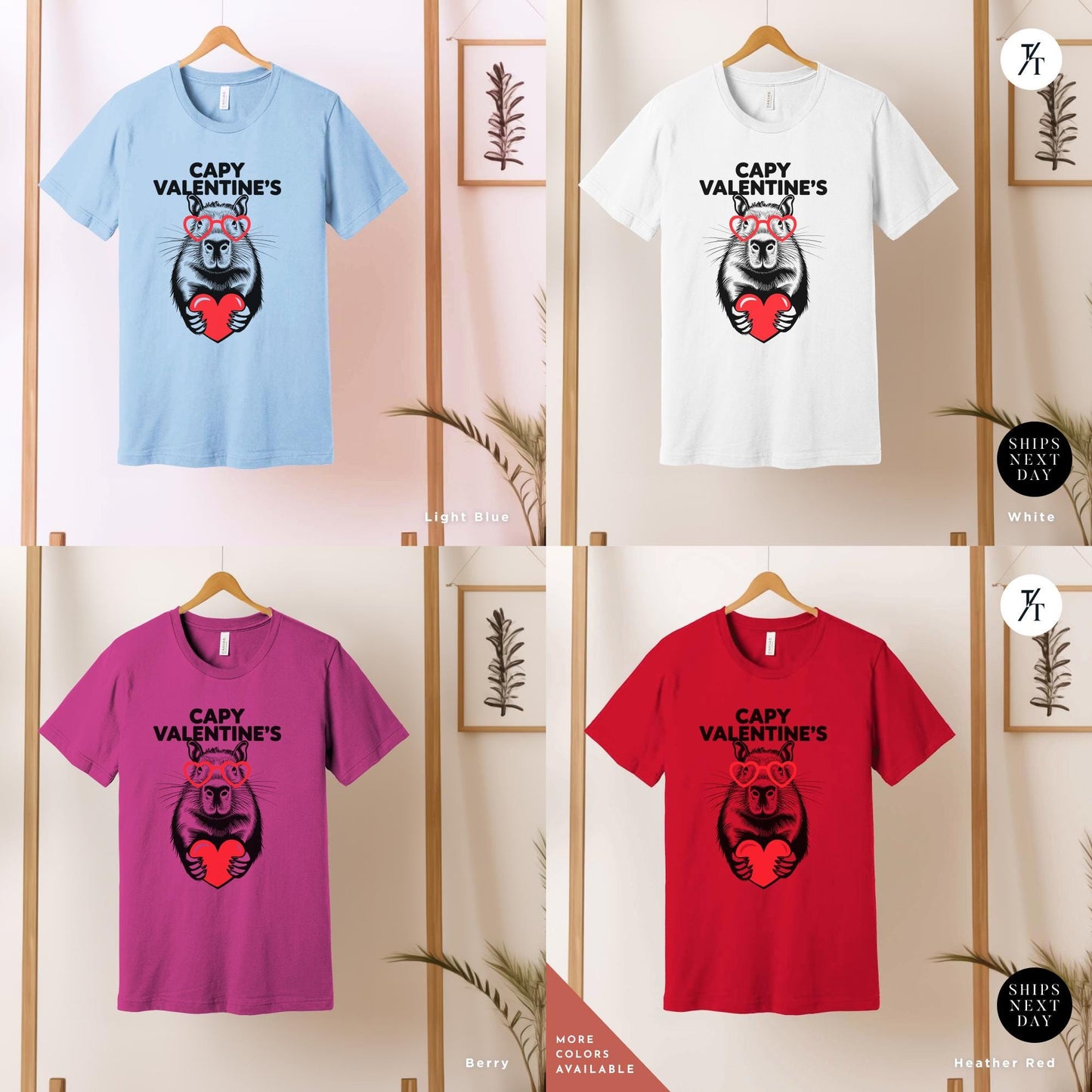 a grid of 4 shirts showing a design with an image of a capybara holding a heart that says Capy Valentines, Capybara Valentines Shirt, Gift For Her, Capybara Lover Gift, Funny Capybaras Shirt, Valentines Day Gifts, Animal Lover Gifts, Capybaras tee