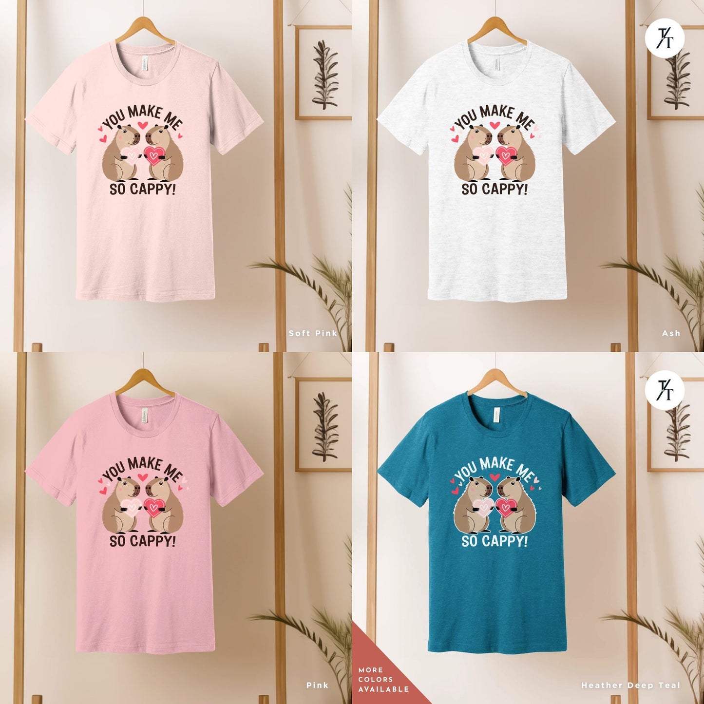 a grid of 4 shirts showing a design with a couple of capybaras kissing each other with the words you make me so cappy, Capybara Valentines Shirt, Gift For Her, Capybara Lover Gift, Funny Capybaras Shirt, Valentines Day Gifts, Animal Lover Gift