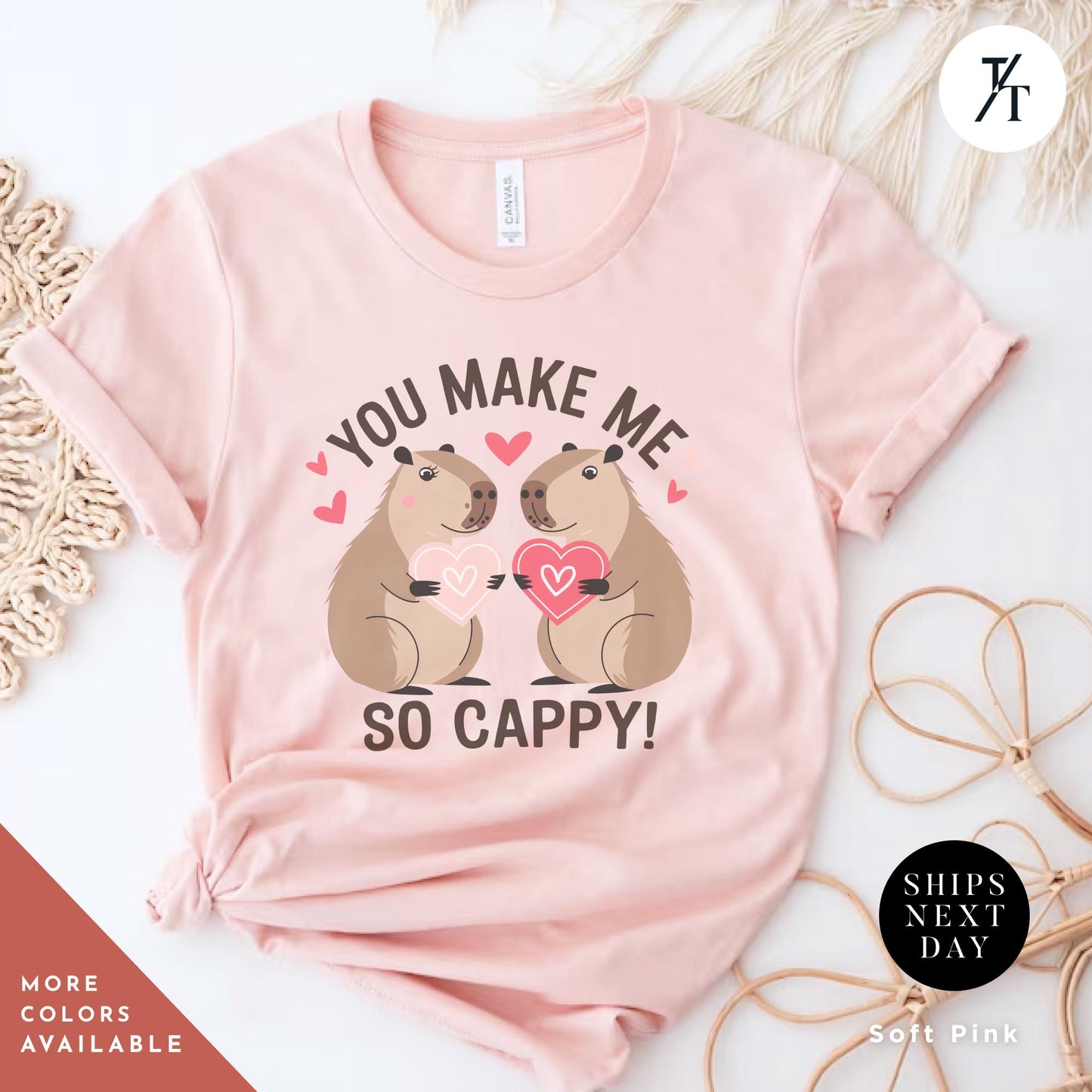 a pink shirt with a couple of capybaras kissing each other with the words you make me so cappy, Capybara Valentines Shirt, Gift For Her, Capybara Lover Gift, Funny Capybaras Shirt, Valentines Day Gifts, Animal Lover Gifts, Capybaras tee