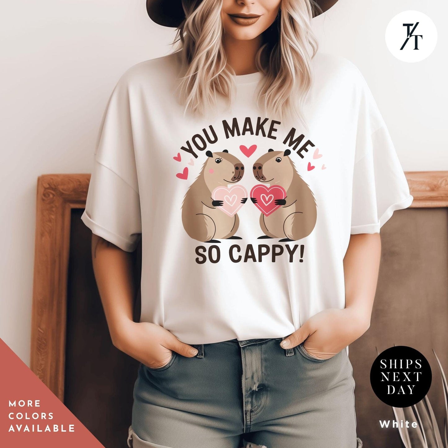 a woman wearing a shirt with a couple of capybaras kissing each other with the words you make me so cappy, Capybara Valentines Shirt, Gift For Her, Capybara Lover Gift, Funny Capybaras Shirt, Valentines Day Gifts, Animal Lover Gifts, Capybaras tee