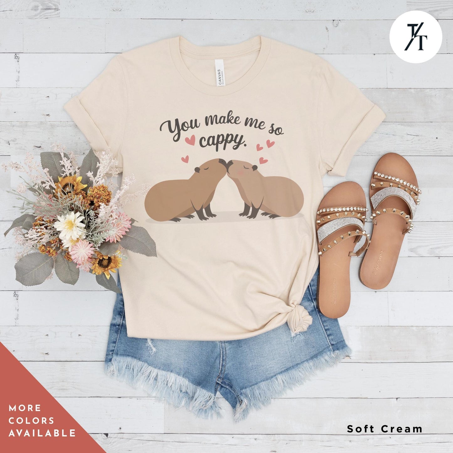 a tan shirt with a couple of capybaras kissing each other with the words you make me so cappy, Capybara Valentines Shirt, Gift For Her, Capybara Lover Gift, Funny Capybaras Shirt, Valentines Day Gifts, Animal Lover Gifts, Capybaras tee