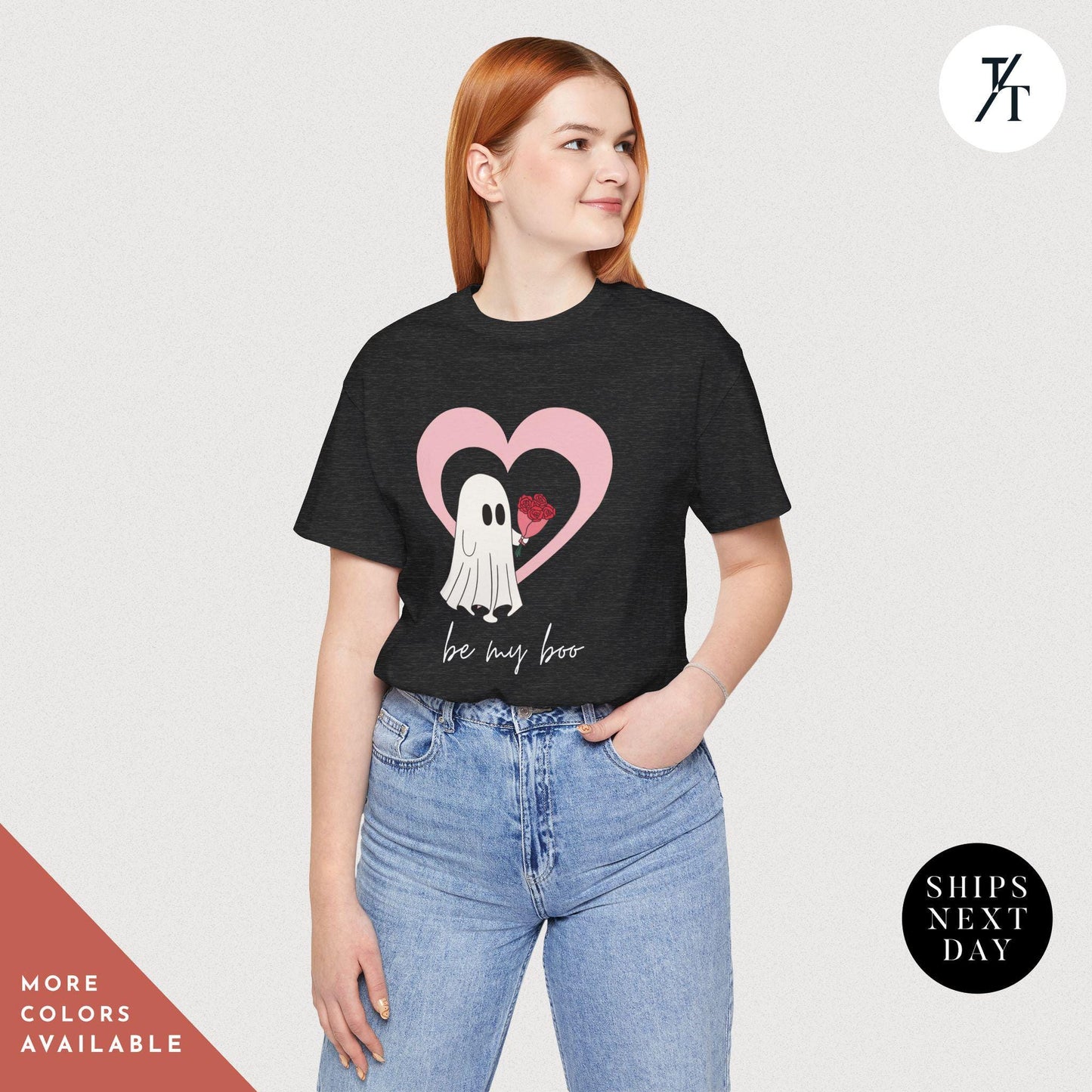 a woman wearing a dark grey shirt with a ghost holding a heart balloon that says Be My Boo Ghost Shirt, Boo Valentine Cute Ghost Shirt, Cute Valentine Ghosts Tee, Retro Valentines Day Shirts, Valentines Ghosts Lover Gift