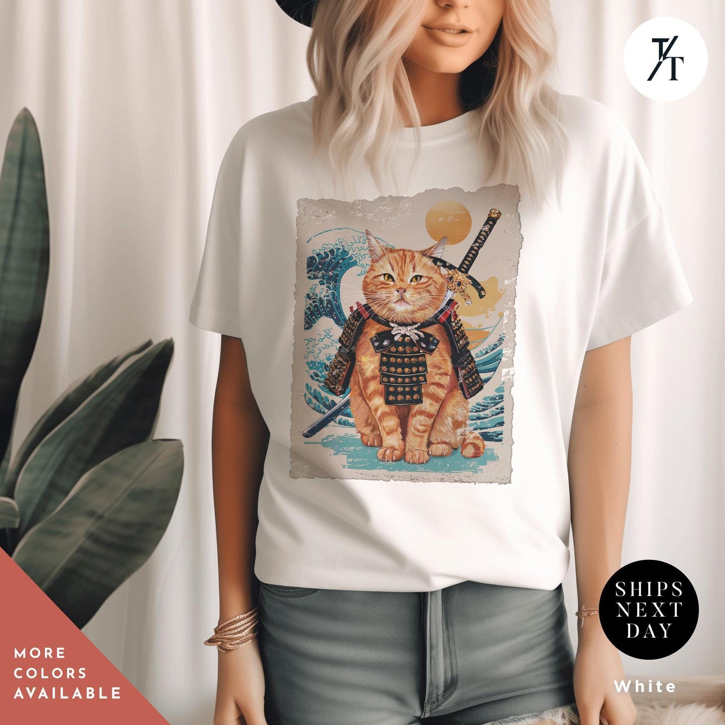 a woman wearing a t - shirt with a picture of a cat on it, Samurai Cat shirt, Japanese Cat Art Aesthetic, Cats Lover T-Shirt, Japanese Streetwear, Samurai Cats T-Shirt Anime Gift For Cats Mom Dad
