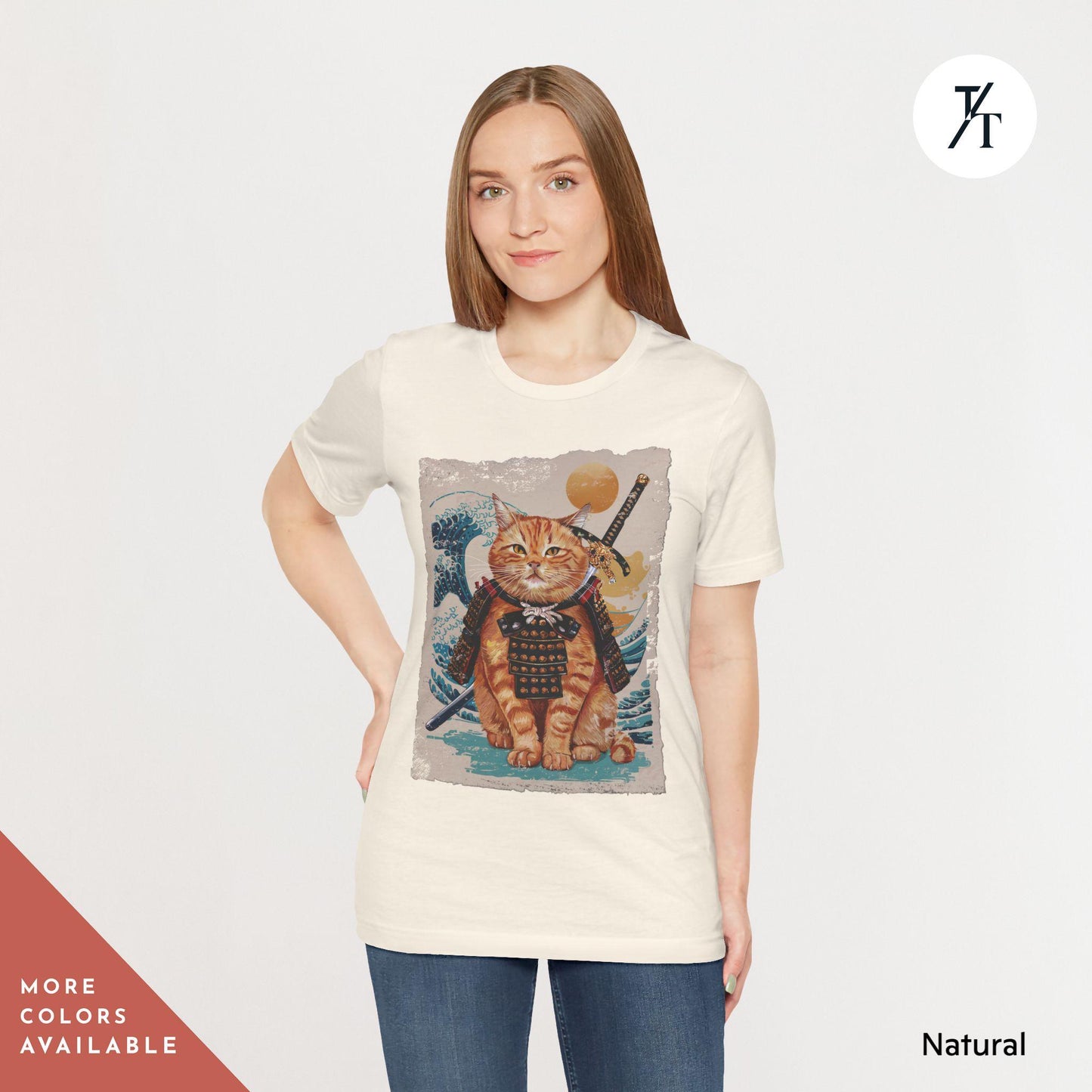 a woman wearing a t - shirt with a picture of a cat on it, Samurai Cat shirt, Japanese Cat Art Aesthetic, Cats Lover T-Shirt, Japanese Streetwear, Samurai Cats T-Shirt Anime Gift For Cats Mom Dad