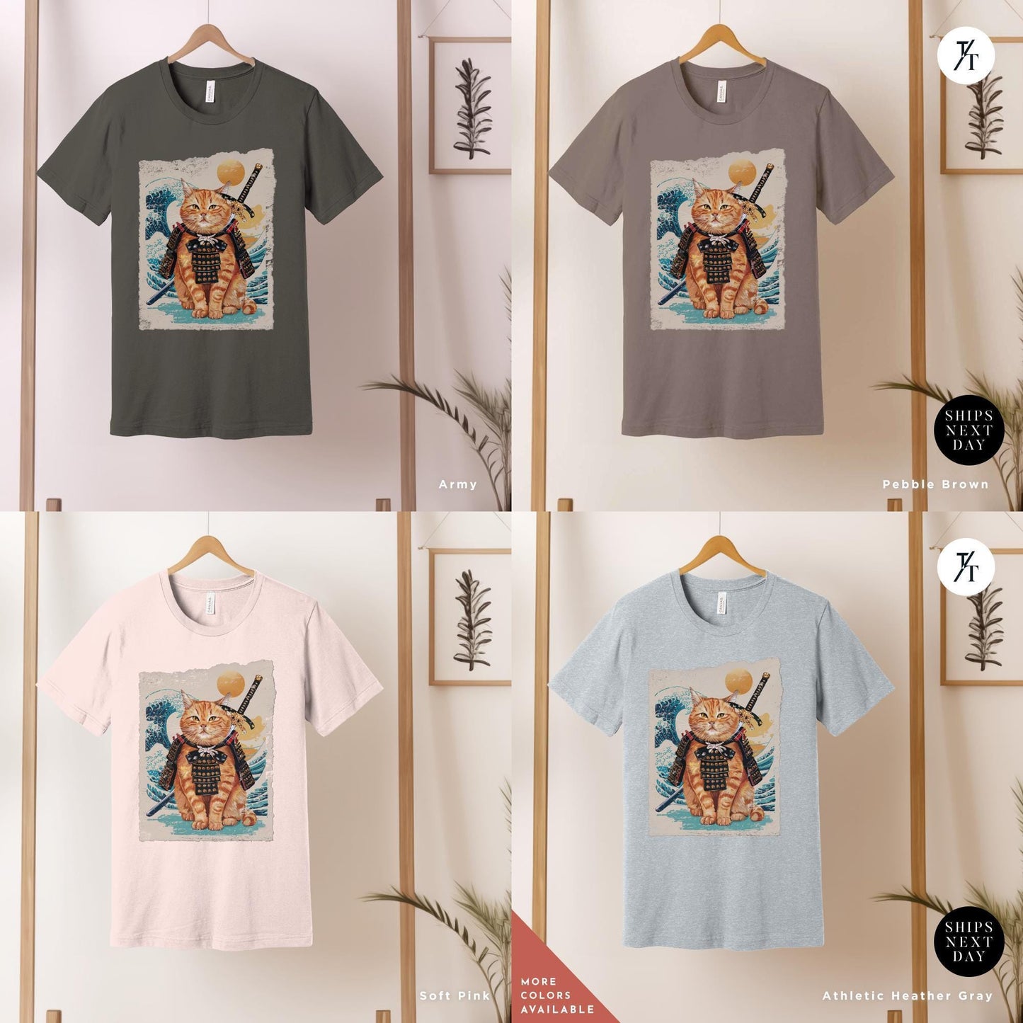 a group of t - shirts with a picture of a tiger on it, Samurai Cat shirt, Japanese Cat Art Aesthetic, Cats Lover T-Shirt, Japanese Streetwear, Samurai Cats T-Shirt Anime Gift For Cats Mom Dad