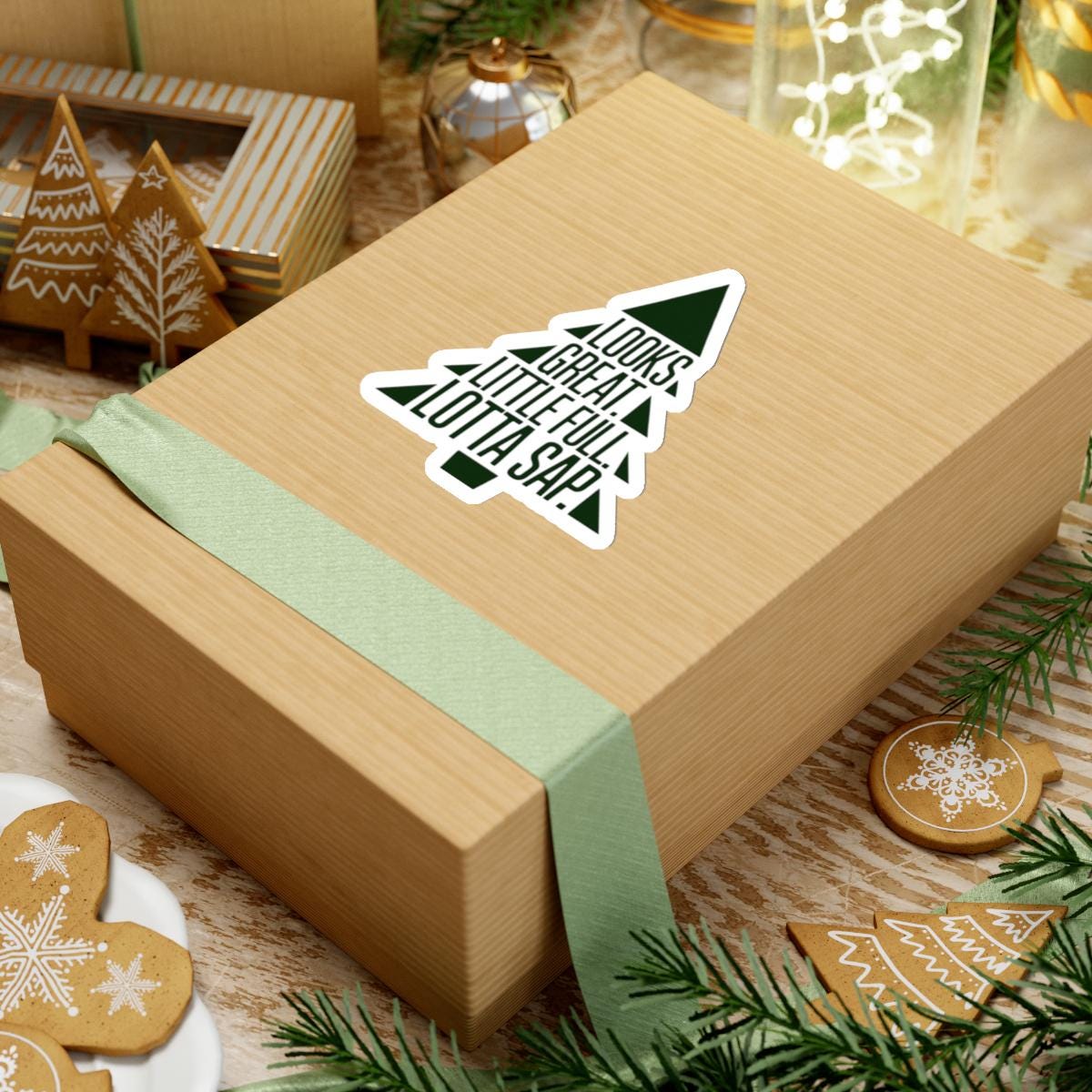 a wooden box with a christmas tree sticker on it, National Lampoons Decal, Christmas Vacation stickers, Chevy Chase Stocking Stuffer, Funny You Serious Clark Christmas Vinyl Laptop Stickers