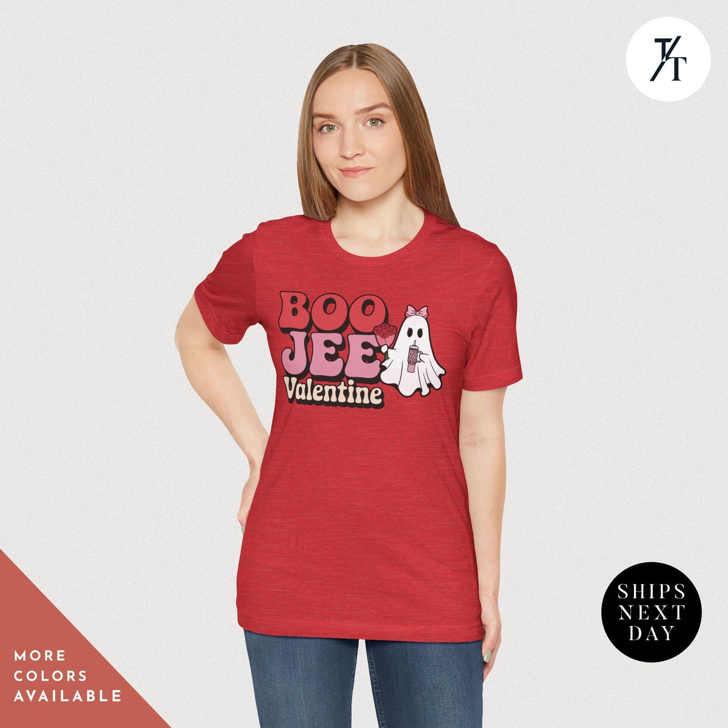 woman wearing a shirt with a ghost holding roses and a stanley cup hat says "Boo Jee Valentine"