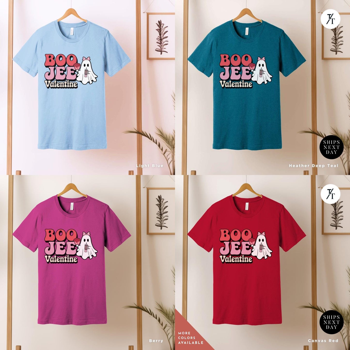 4 shirts of various colors that with a ghost holding roses and a stanley cup hat says "Boo Jee Valentine"