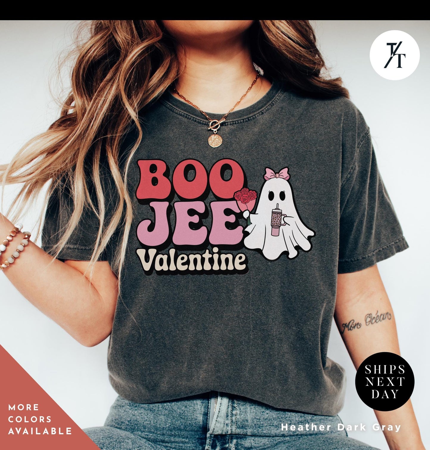 woman wearing a shirt with a ghost holding roses and a stanley cup hat says "Boo Jee Valentine"