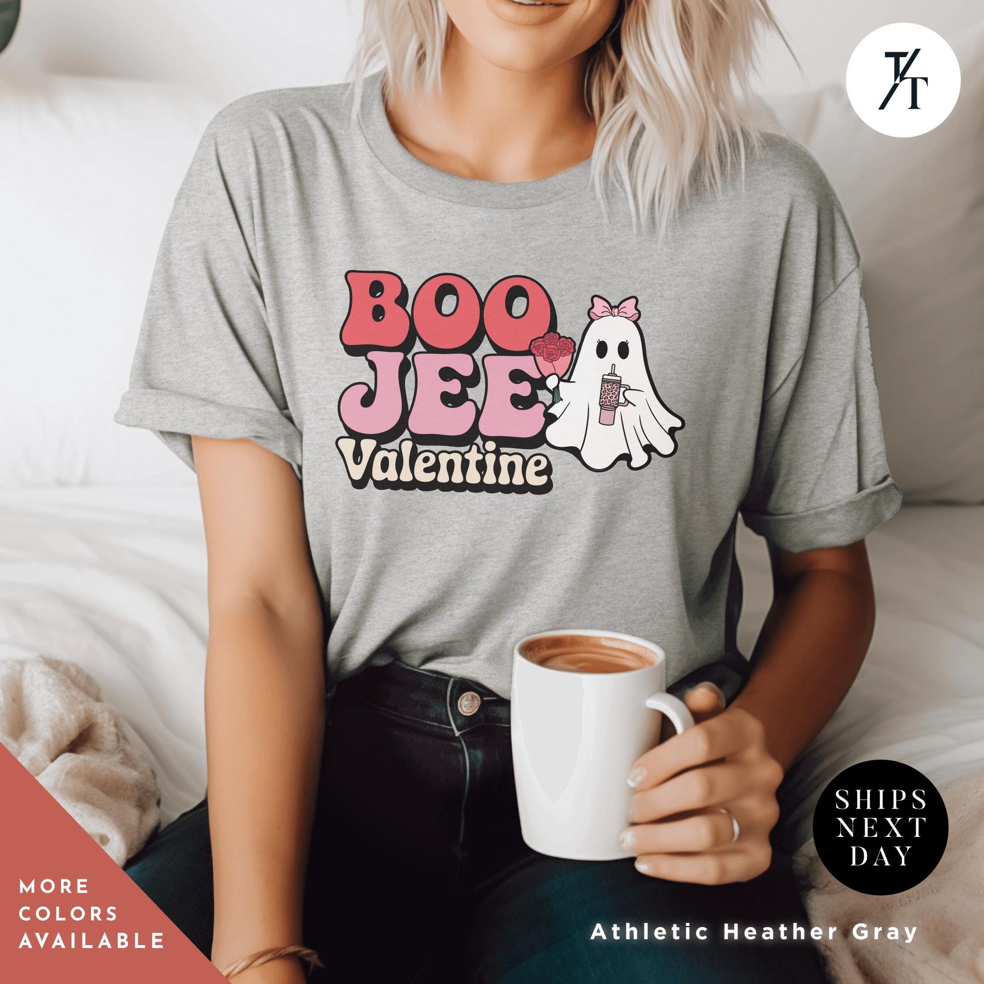 woman wearing a shirt with a ghost holding roses and a stanley cup hat says "Boo Jee Valentine"