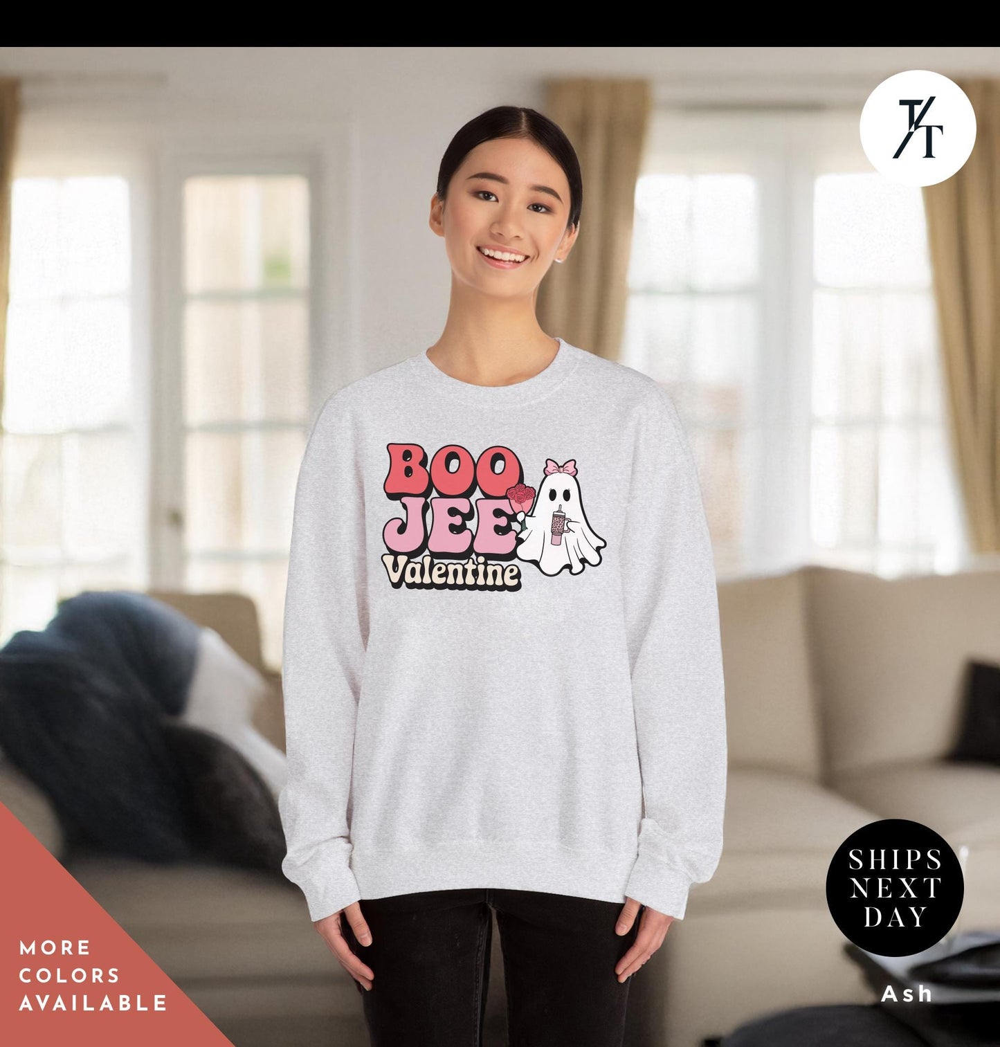 Woman wearing a sweatshirtwith a ghost holding roses and a stanley cup hat says "Boo Jee Valentine"