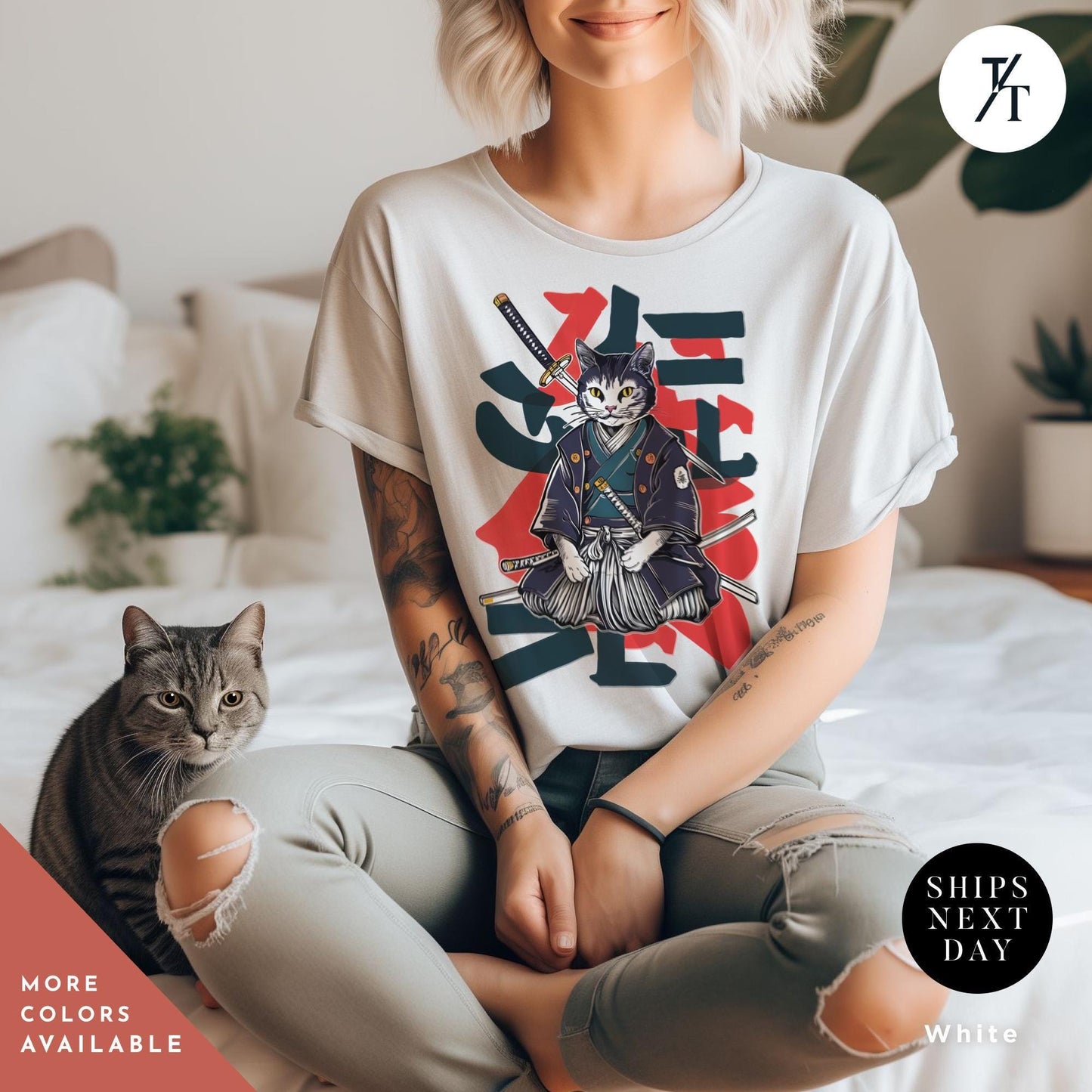 a woman sitting on top of a bed next to a cat, Samurai Cat shirt, Japanese Cat Art Aesthetic, Cats Lover T-Shirt, Japanese Streetwear, Samurai Cats T-Shirt Anime Gift For Cats Mom Dad