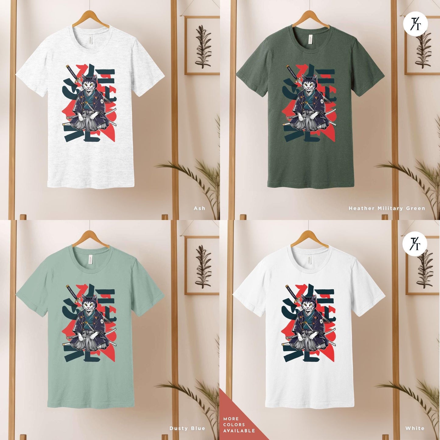 a group of t - shirts hanging on a wall, Samurai Cat shirt, Japanese Cat Art Aesthetic, Cats Lover T-Shirt, Japanese Streetwear, Samurai Cats T-Shirt Anime Gift For Cats Mom Dad