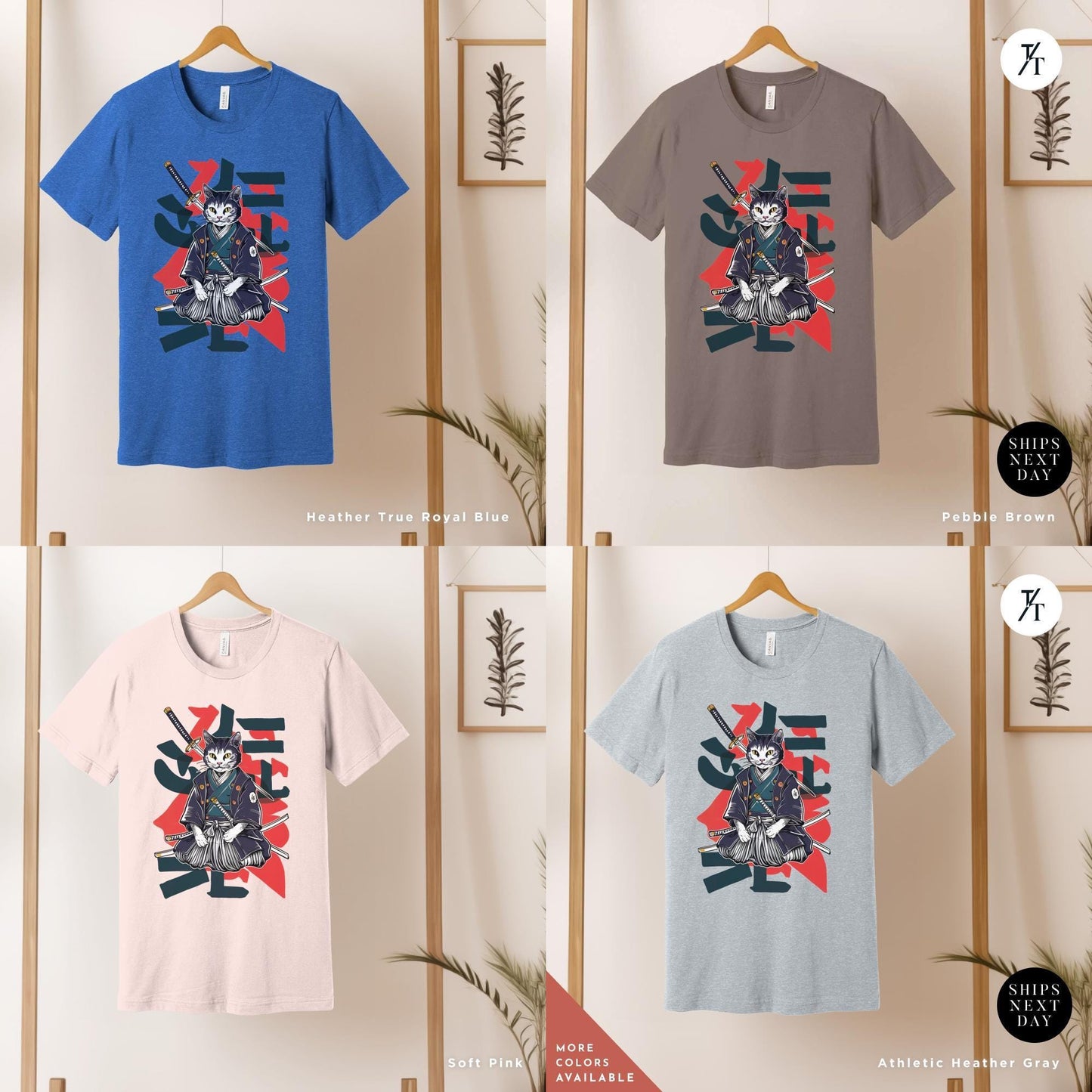 a group of t - shirts hanging on a wall, Samurai Cat shirt, Japanese Cat Art Aesthetic, Cats Lover T-Shirt, Japanese Streetwear, Samurai Cats T-Shirt Anime Gift For Cats Mom Dad