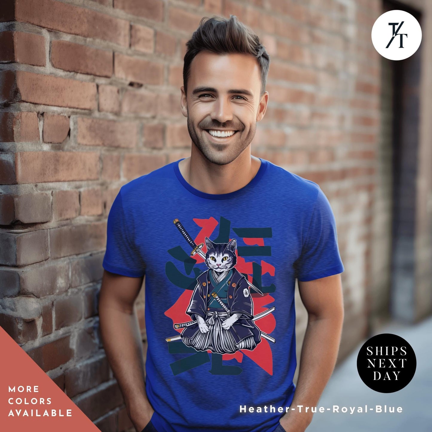 a man standing next to a brick wall, Samurai Cat shirt, Japanese Cat Art Aesthetic, Cats Lover T-Shirt, Japanese Streetwear, Samurai Cats T-Shirt Anime Gift For Cats Mom Dad