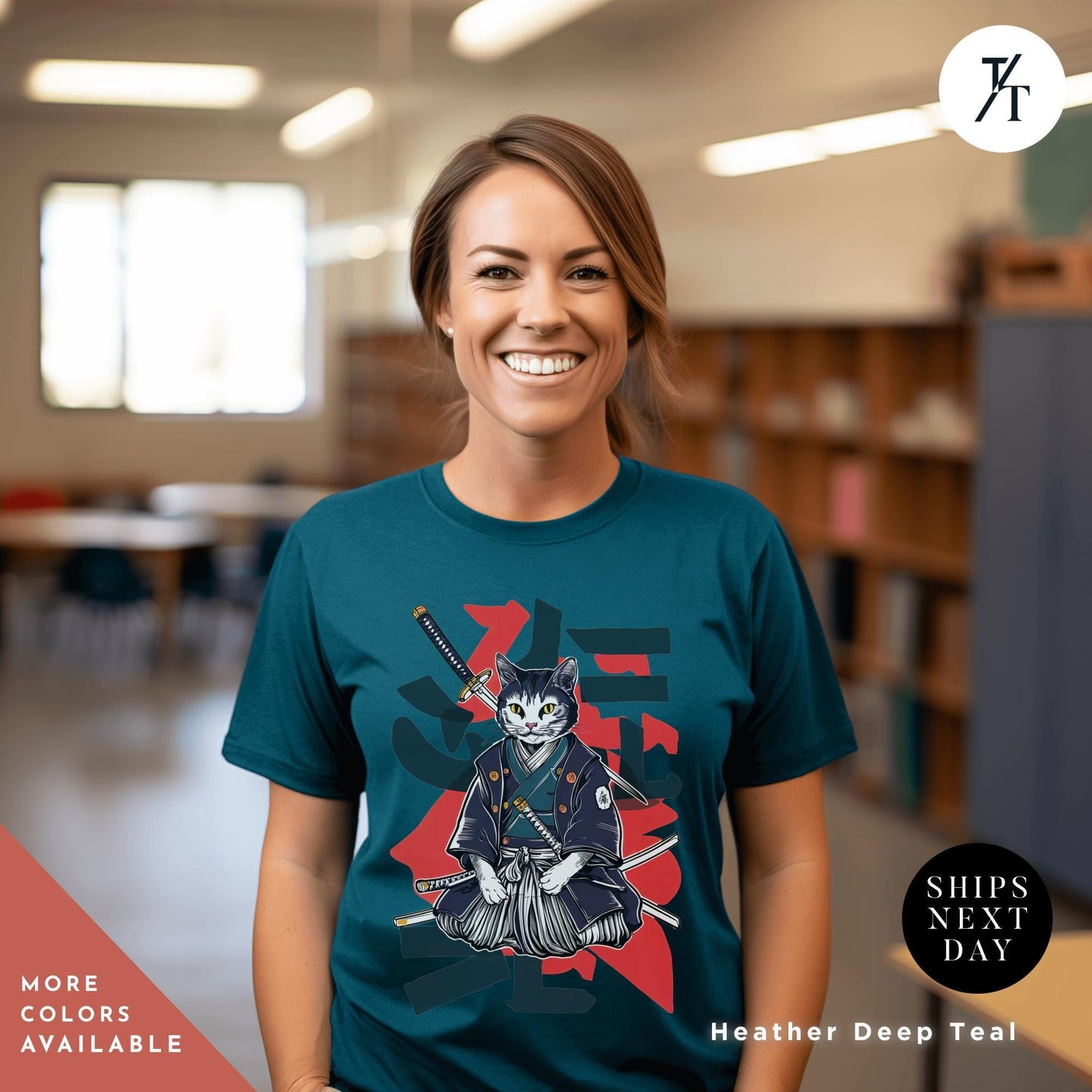 a woman wearing a t - shirt with a picture of a cat on it, Samurai Cat shirt, Japanese Cat Art Aesthetic, Cats Lover T-Shirt, Japanese Streetwear, Samurai Cats T-Shirt Anime Gift For Cats Mom Dad