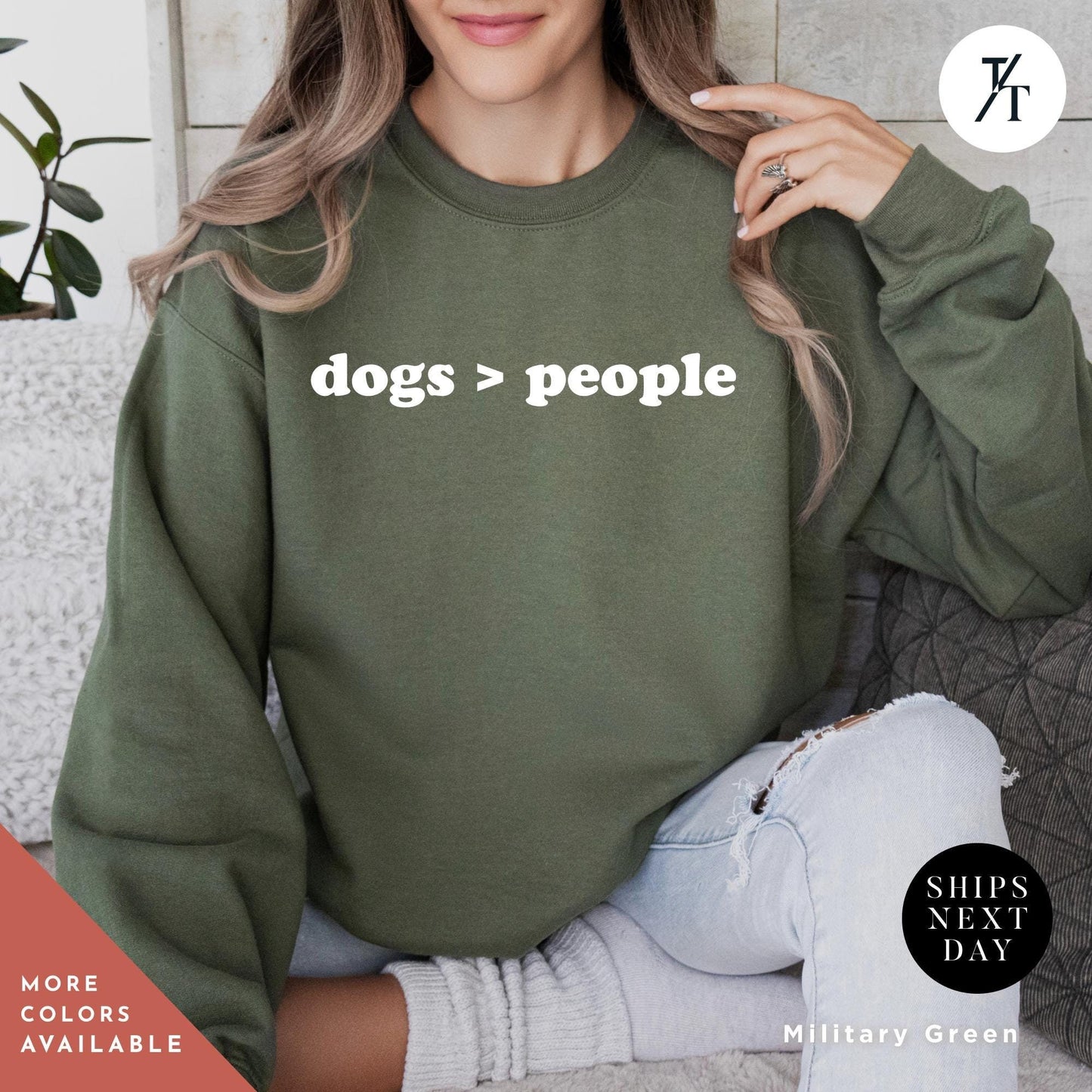 a woman wearing a sweatshirt that says dogs are greater than people, sweatshirt with dogs greater people, Dog Mom Shirt, Gift For Dog Lover, Dogs Over People Tee, Funny DogMom Sweatshirt, Fur Mama sweater