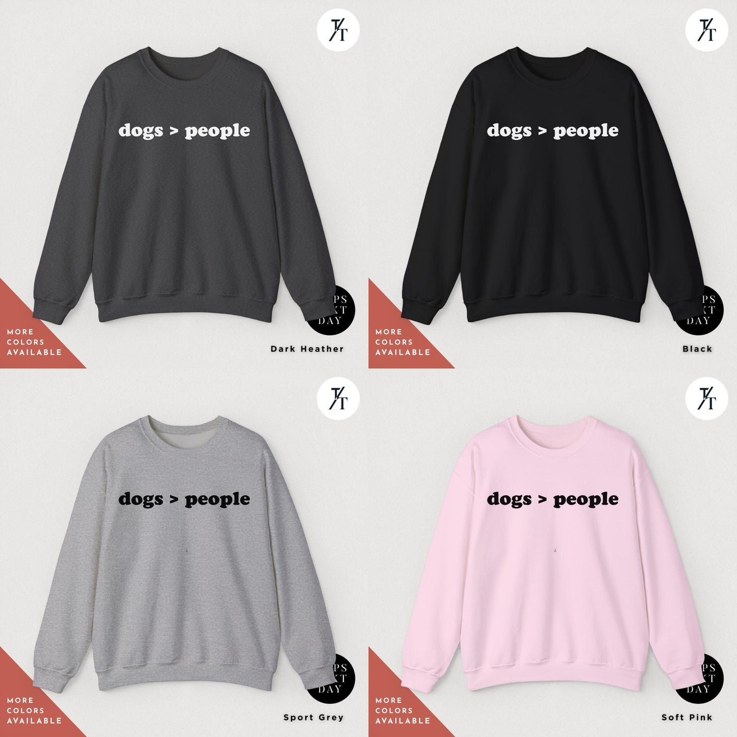 four sweatshirts with dogs and people written on themsweatshirt with dogs greater people, Dog Mom Shirt, Gift For Dog Lover, Dogs Over People Tee, Funny DogMom Sweatshirt, Fur Mama sweater