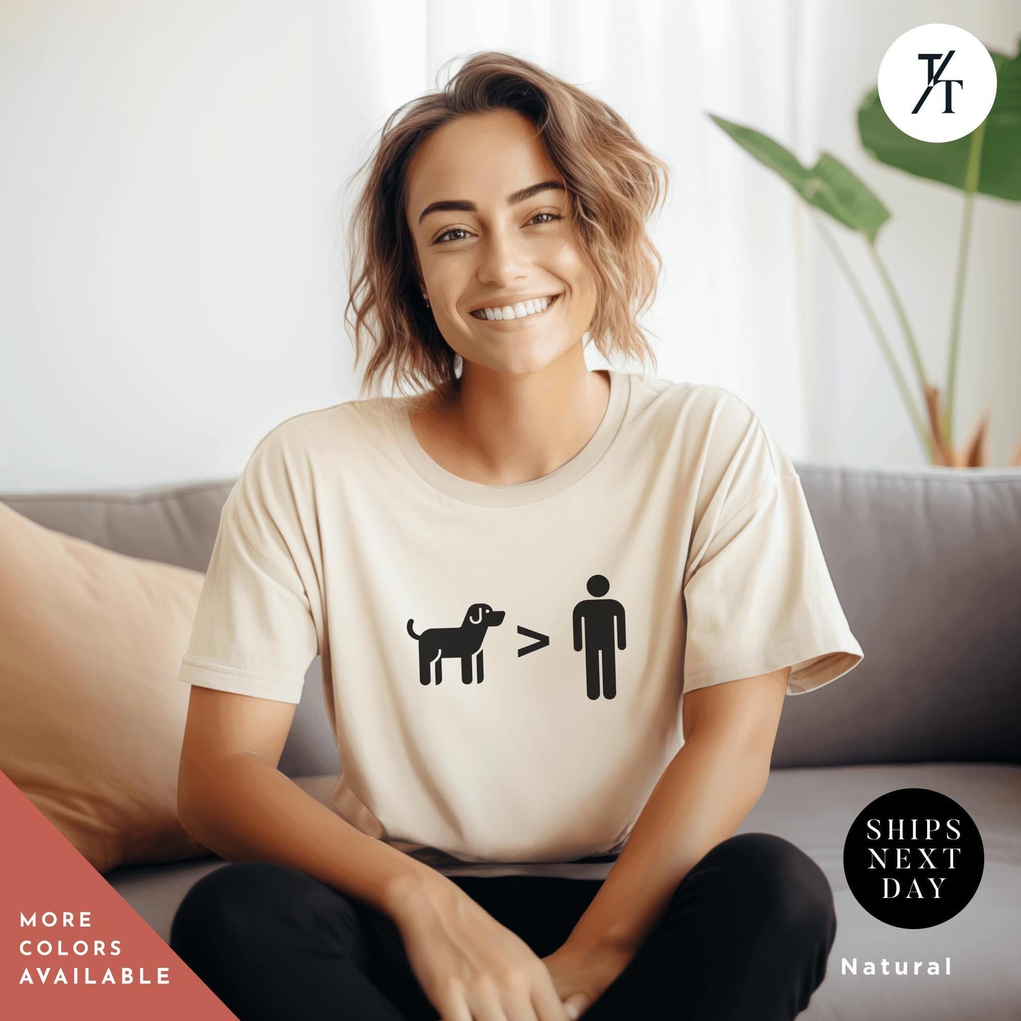 a woman sitting on a couch wearing a t - shirt with a dog on it, , Dogs are Greater Than People Shirt, Gift For Dog Lover, Dogs Over People tee, Gifts For Dog Mom, Funny Shirt For Women, Animal Lover Shirts