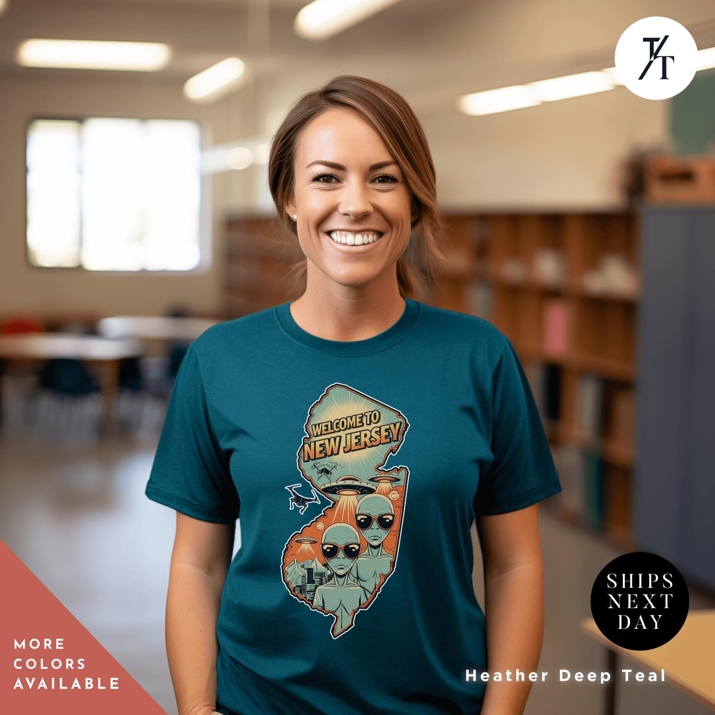 a woman wearing a t - shirt with a picture of new jersey and aliens, New jersey ufo shirt, new jersey drones shirt, Funny Nj Mystery Drones Over Nj Shirts Drone Invasion Shirts, Alien Lover Gift, Aliens Tshirt