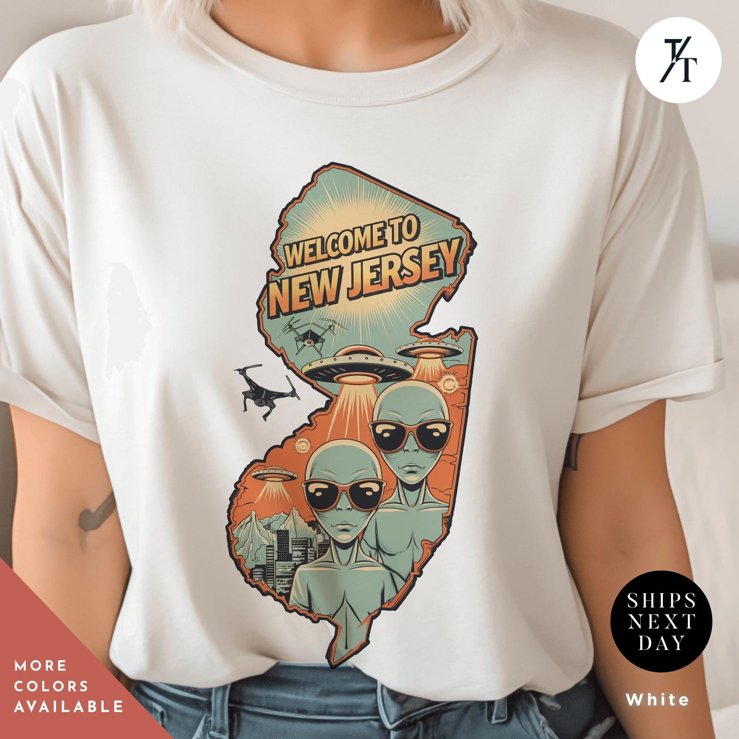 a woman wearing a t - shirt with a picture of new jersey and aliens, New jersey ufo shirt, new jersey drones shirt, Funny Nj Mystery Drones Over Nj Shirts Drone Invasion Shirts, Alien Lover Gift, Aliens Tshirt