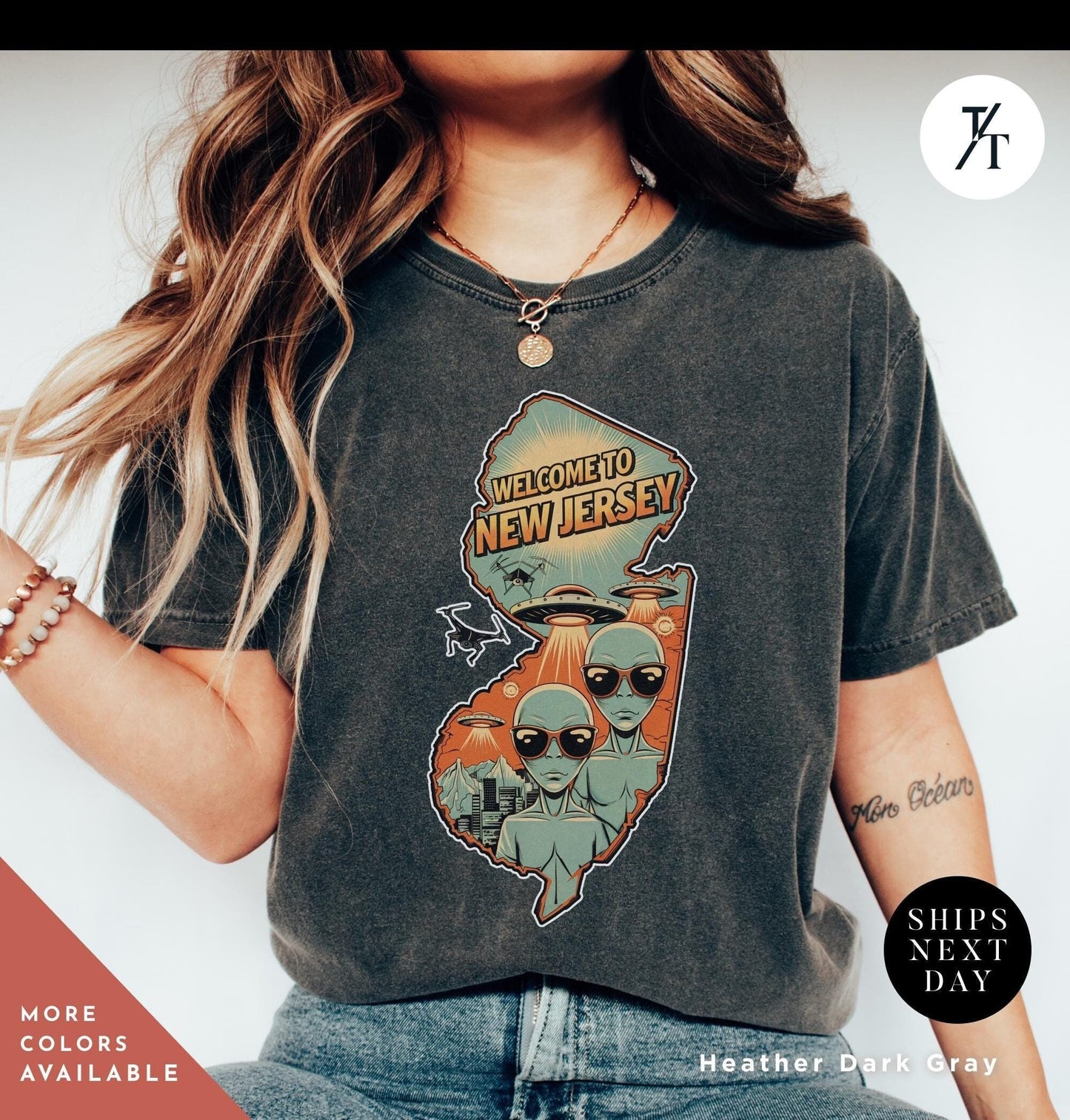 a woman wearing a t - shirt with a picture of new jersey and aliens, New jersey ufo shirt, new jersey drones shirt, Funny Nj Mystery Drones Over Nj Shirts Drone Invasion Shirts, Alien Lover Gift, Aliens Tshirt