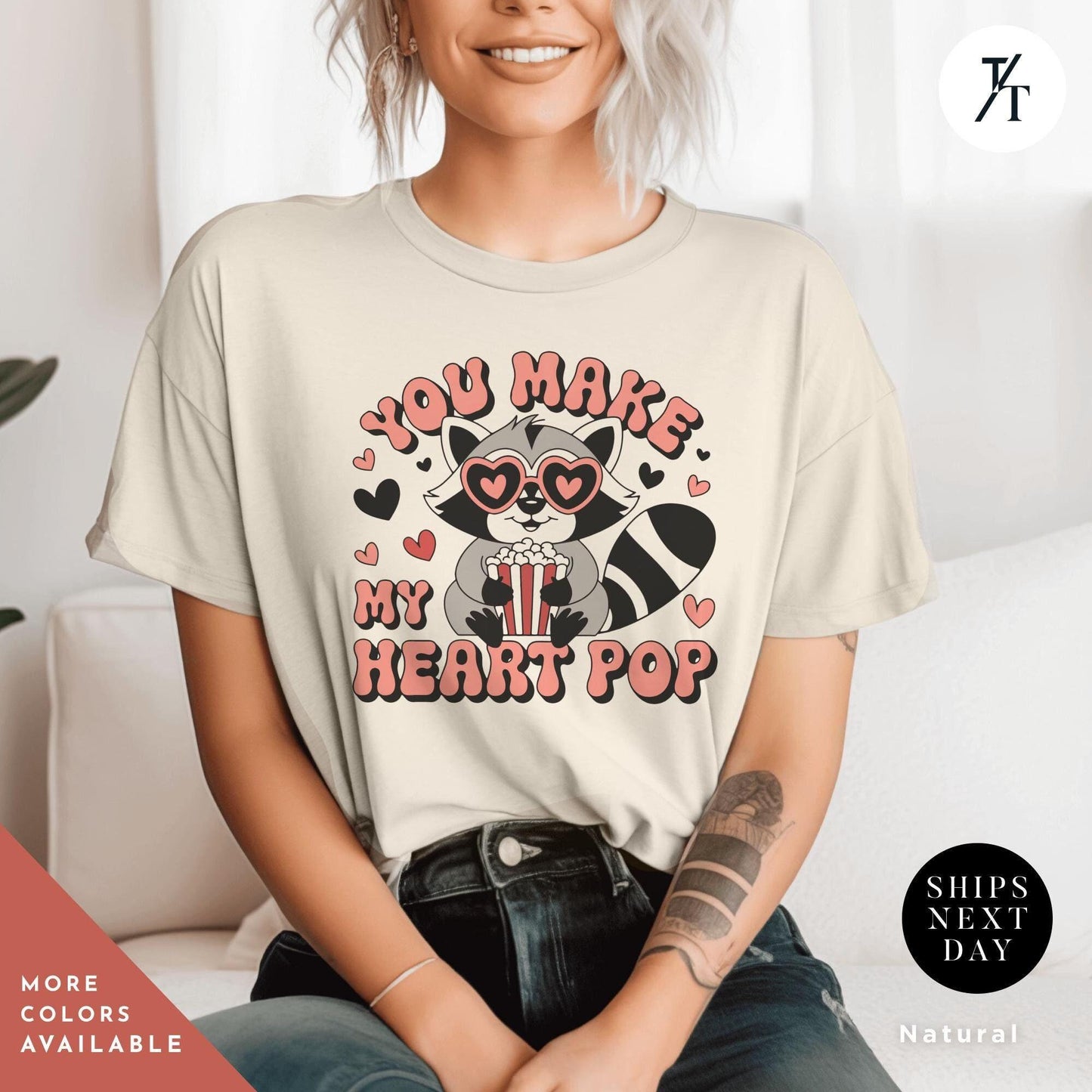 You Make My Heart Pop Shirt Funny Valentines Gift For Her, Retro Valentines Day Feral Valentine Raccoon Heart Pops For You Valentine tee