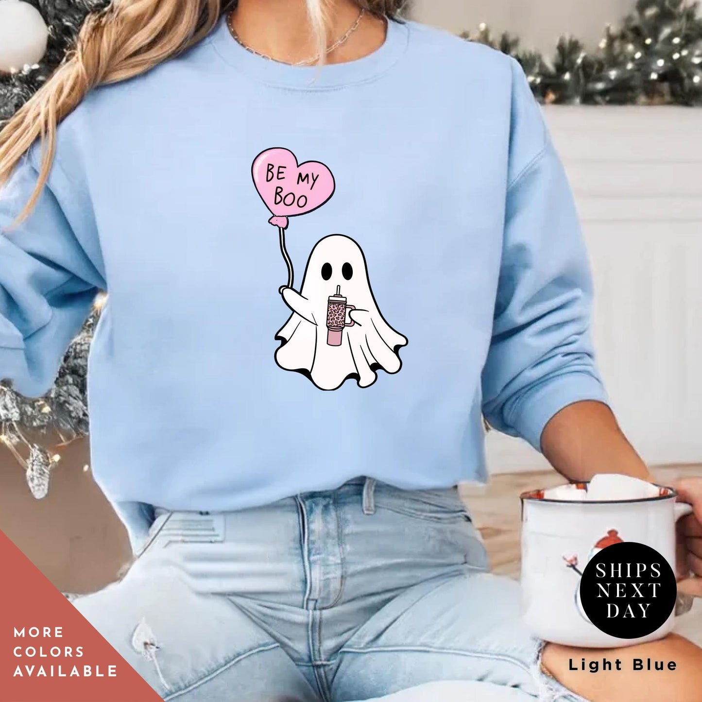 a woman wearing a light blue sweatshirt with a ghost holding a heart balloon, Be My Boo Sweatshirt, ghost sweater, valentines day hoodie, Valentine Sweatshirt, Heart Sweatshirts, Ghost Sweater, Be Mine Sweatshirts Xoxo