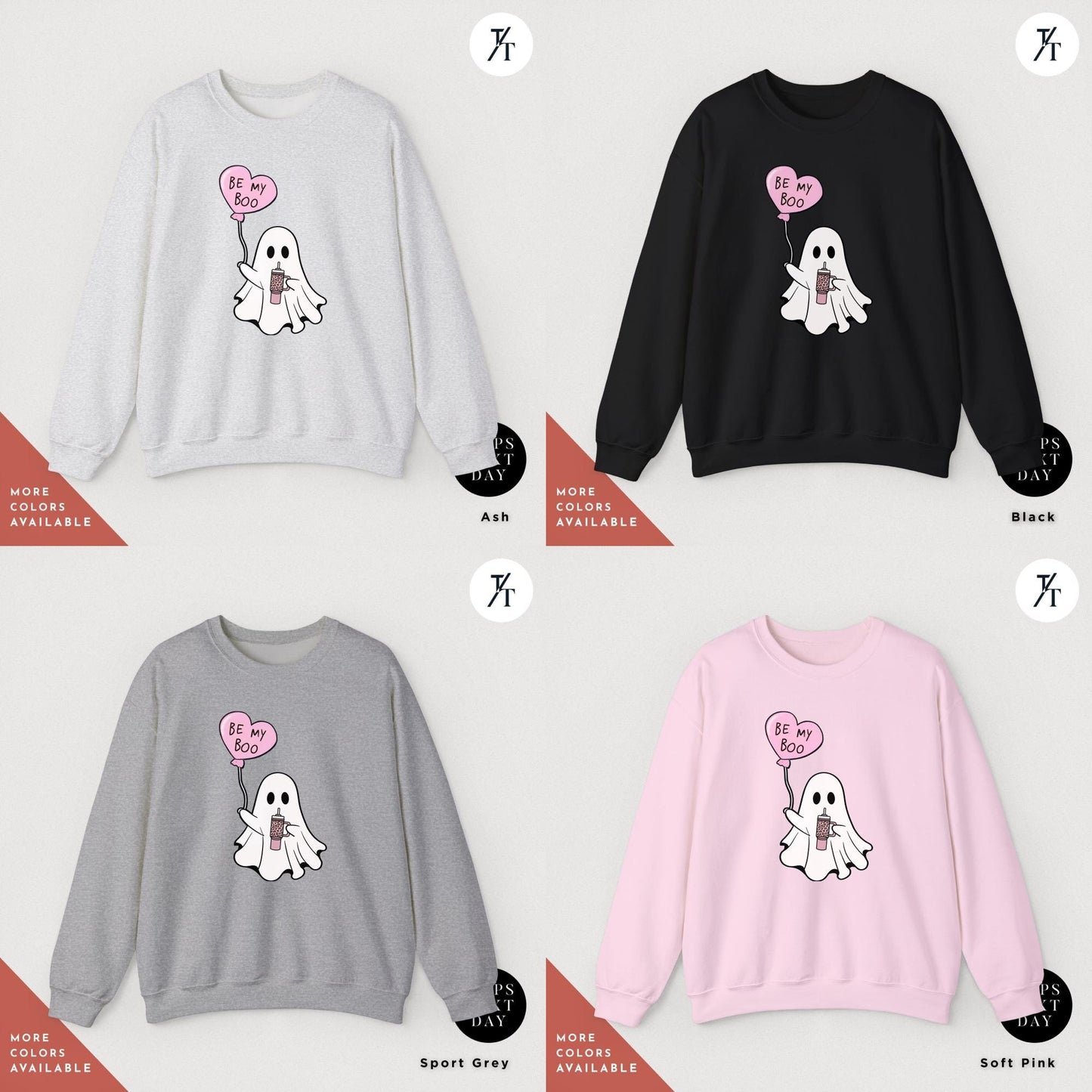 a grid of 4 sweatshirts of various colors with featuring a ghost holding a heart balloon, Be My Boo Sweatshirt, ghost sweater, valentines day hoodie, Valentine Sweatshirt, Heart Sweatshirts, Ghost Sweater, Be Mine Sweatshirts Xoxo